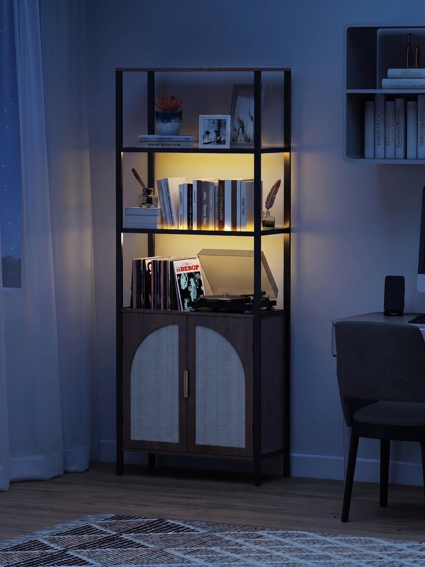 Qriocioa 71" Tall Rattan Bookcase with LED Light, 3 Open Shelves & 2 Door Storage Cabinet, Mid Century Boho Bookshelf, Open Display Bookcase for Living Room, Home Office, Bedroom