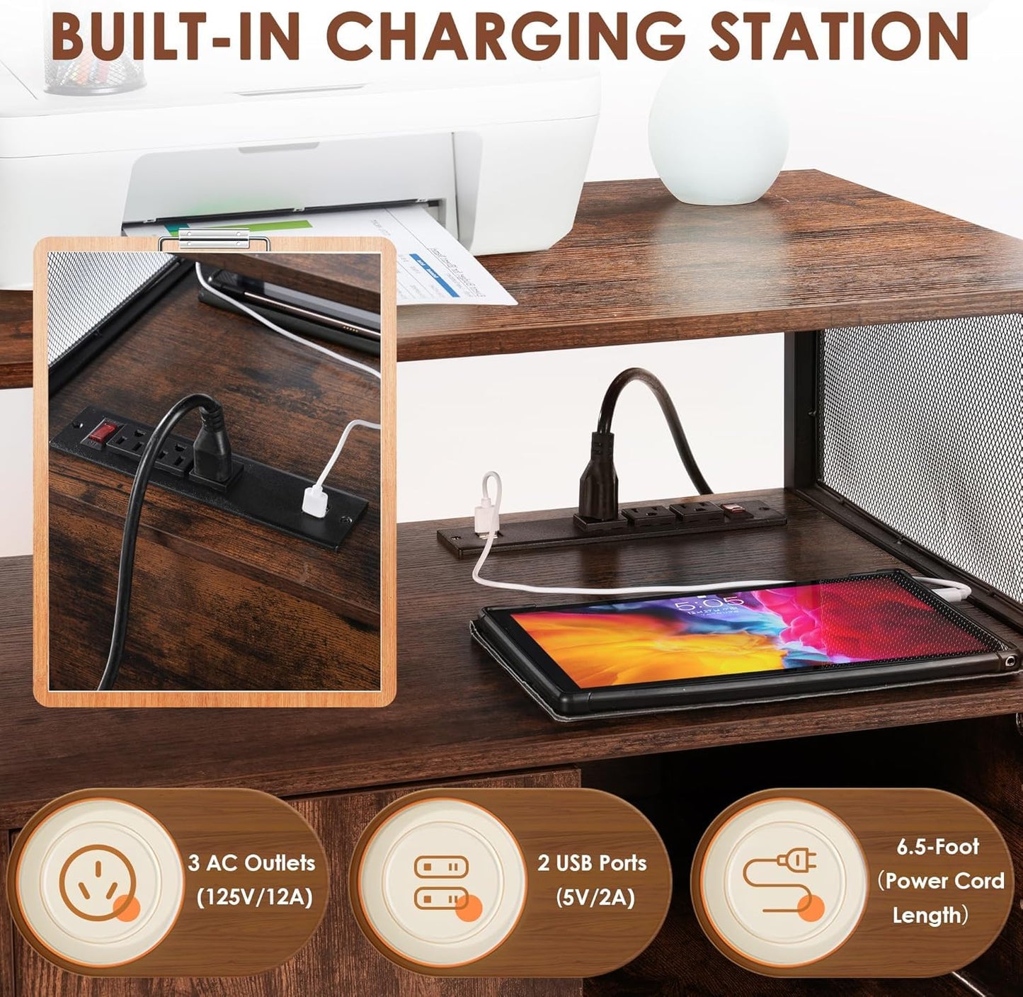 Rengue Lockable Lateral File Cabinet, Mobile Printer Stand Office Storage Organizer with Lockable Wheels & Charging Ports Height Adjustable Shelves for Home Office
