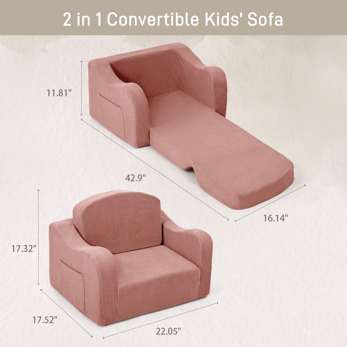 aodisman 2-in-1 Kids Chair and Couch, Thick Cozy Corduroy Kids Sofa, Convertible Foam Seating for Reading, Playing, Removable Washable Cover,Pink
