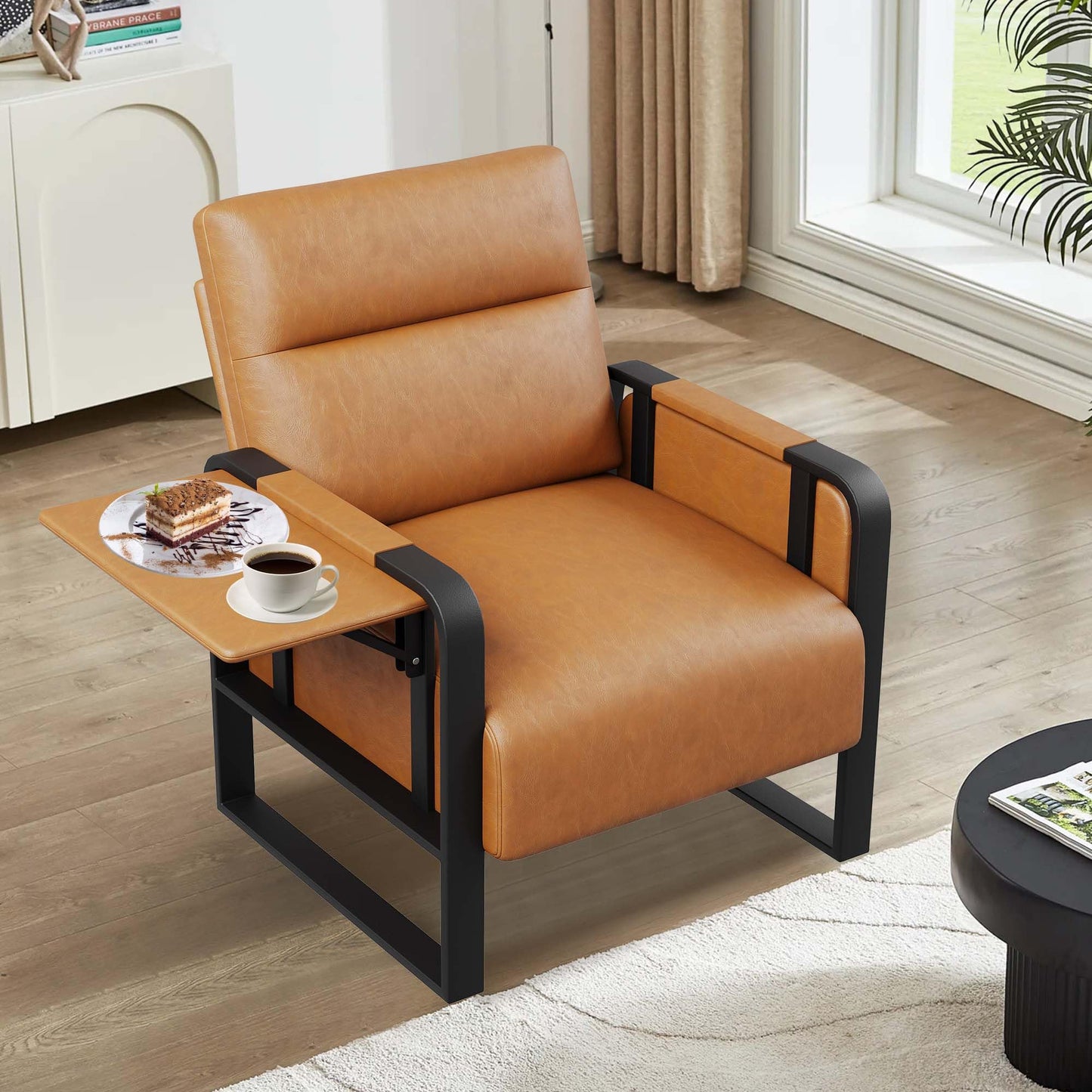 Apeaka Modern Brown Accent Chair PU Leather Upholstered Armchair with Foldable Side Table for Bedroom Living Room Chairs Office Chair
