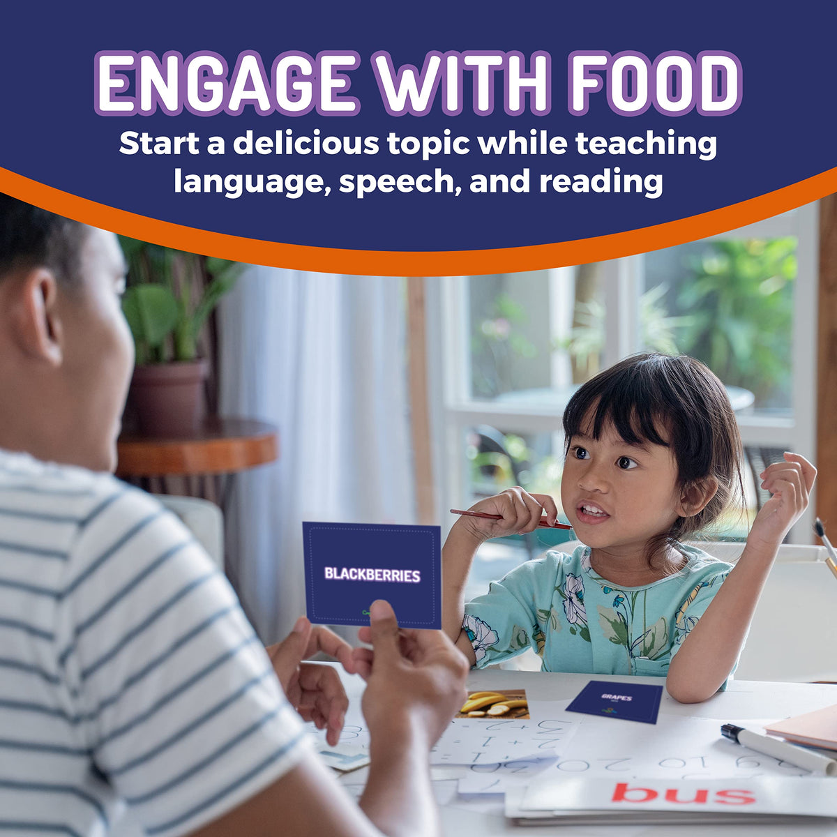 50 Food Double Sided Flash Cards - Nutritious Fruits, Heathly Vegetables, Yummy Desserts & Snacks - Educational Learning Picture Cards for Kids, Adults, Speech Therapy, ESL, ABA, Autism, Dementia
