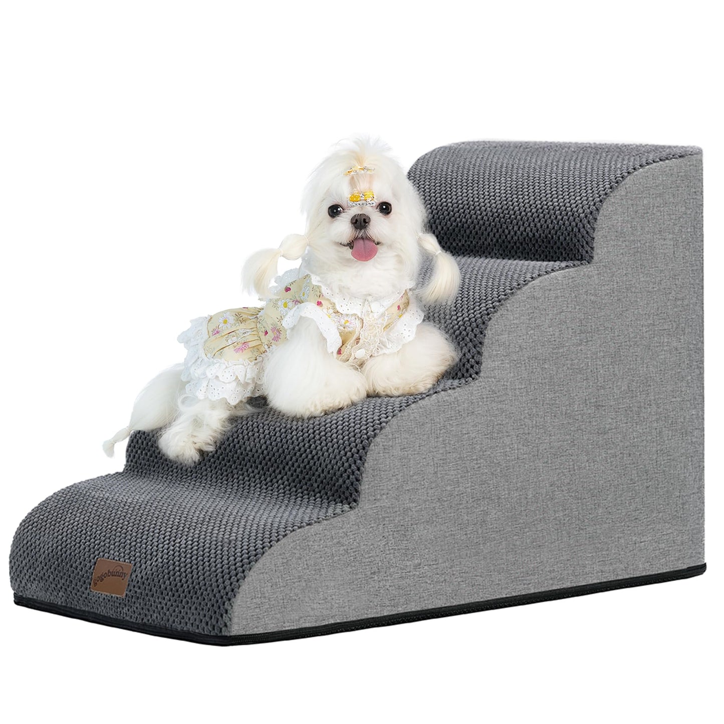 GoGoBunny Waterproof High Density Foam Curved Dog Stairs for High Beds Couches 19.7" H, 4-Step Ramp Dog Steps Friendly to Small Medium Dogs or Pets Joints, Non-Slip Balanced Durable Pet Step, Grey