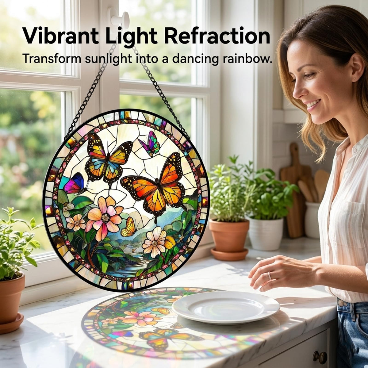 Butterfly Gifts for Mom - Flower Landscape Faux Stained Glass Window Hanging Sun Catcher for Door Garden Acrylic Decor Mother's Day for Women Nana Grandma Sisters Wife Mother 7.8"