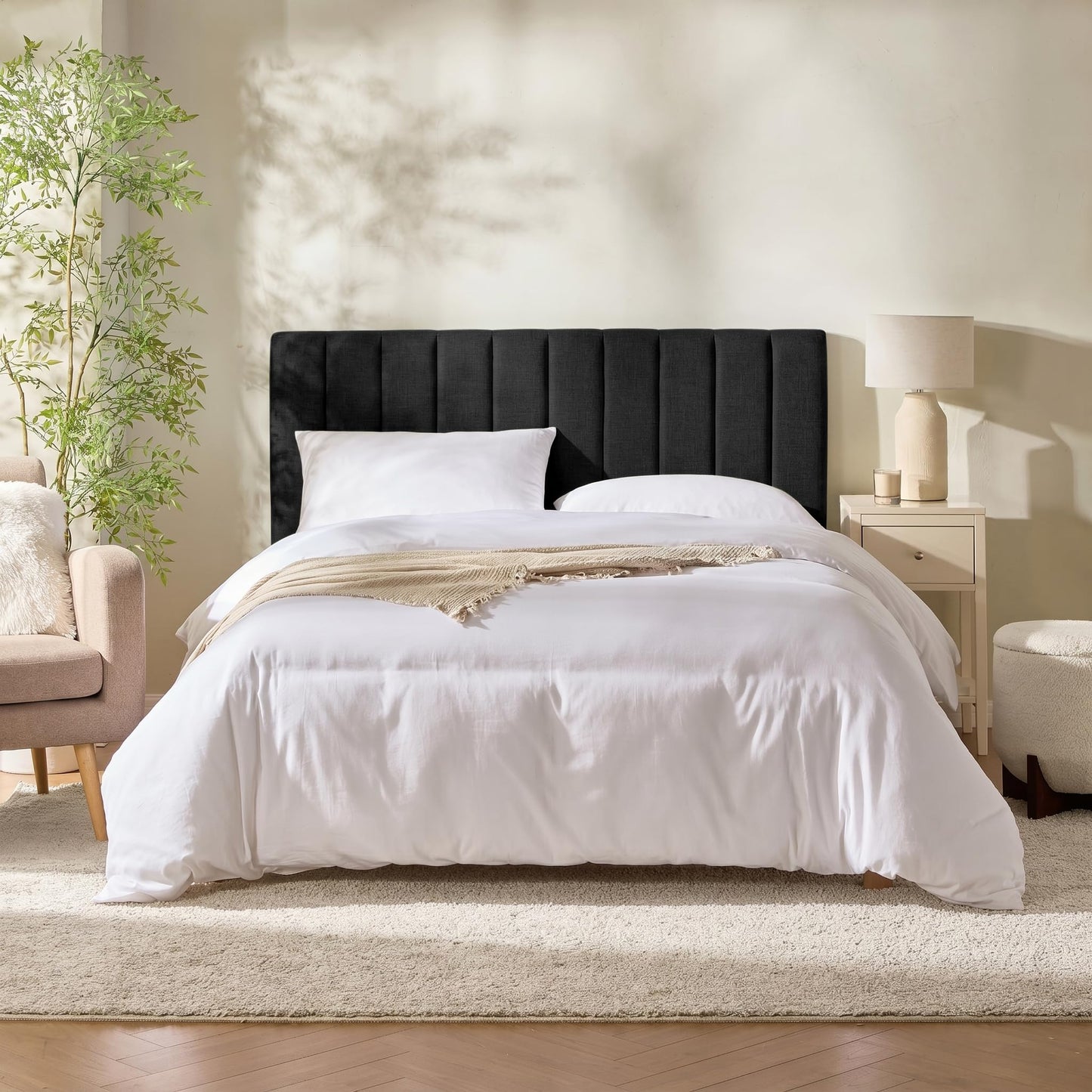 Hearth & Harbor Upholstered Twin Headboard - Easy Assemble Channel Stitched Headboard Twin Size - Wall Mounted Headboards with 3D Soundproof Wall Panels Peel & Stick Floating Headboards, Black