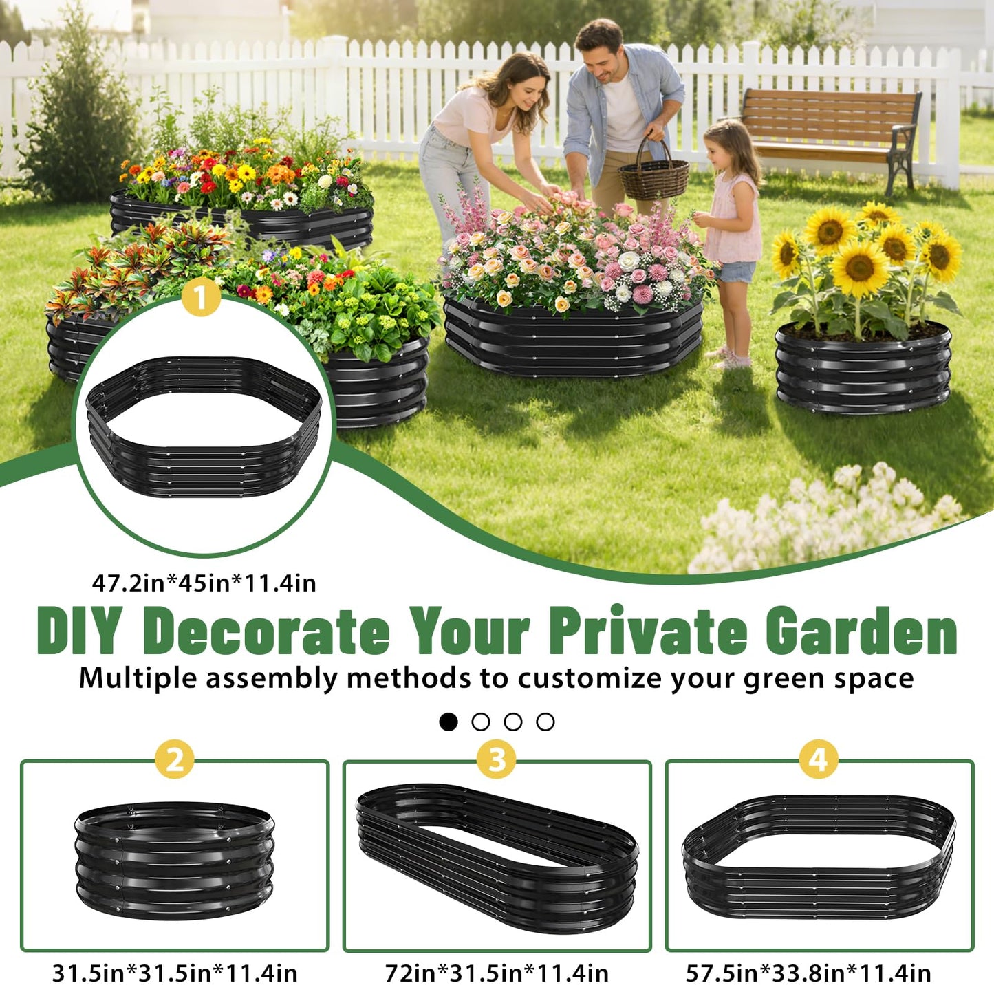 VAMFUTRE Hexagon Raised Garden Bed, 48 Inch Diagonal & 12 Inch Tall, Galvanized Steel Planter Box with Wave-Shaped Metal Panels for Outdoor Flower,Tree,Herb & Vegetable Garden (Black, 4FT X 1FT)