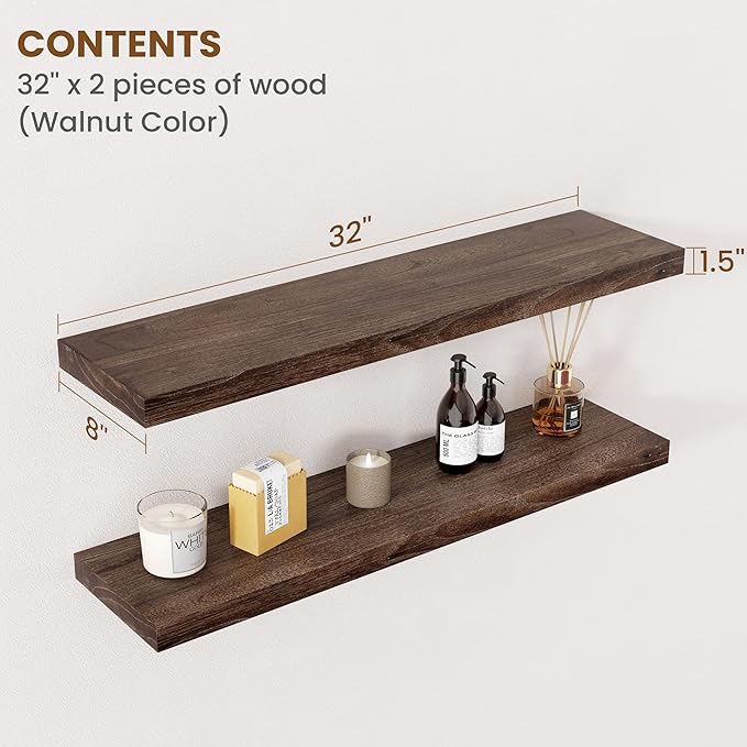 Floating Shelves for Wall Decor, 8 Inch Deep Rustic Solid Elm Wood Floating