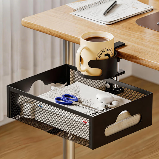 XULIONTS Clamp-On Under Desk Organizer with Cup Holder, 360° Rotating Mesh Drawer with Cable Hole, No-Drill Desk Drawer Organizer for Gaming Desk Accessories, Office Supplies, Coffee Mug, Dorm(2 in1)