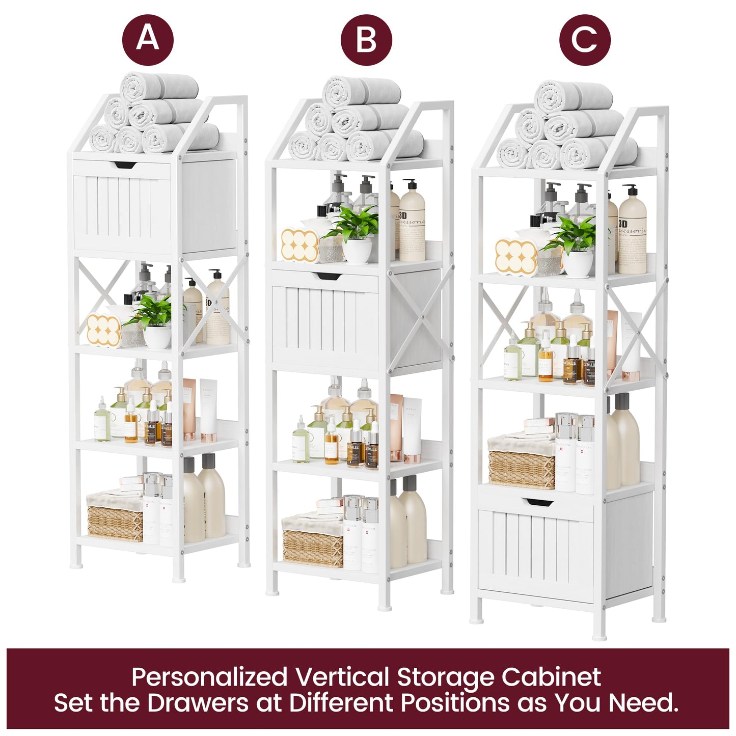 Homeiju Bathroom Floor Cabinet, 5-Tier Bathroom Storage Organizer Rack with Drawer, Multifunctional Corner Unit, 47.24 Inches in Height, White