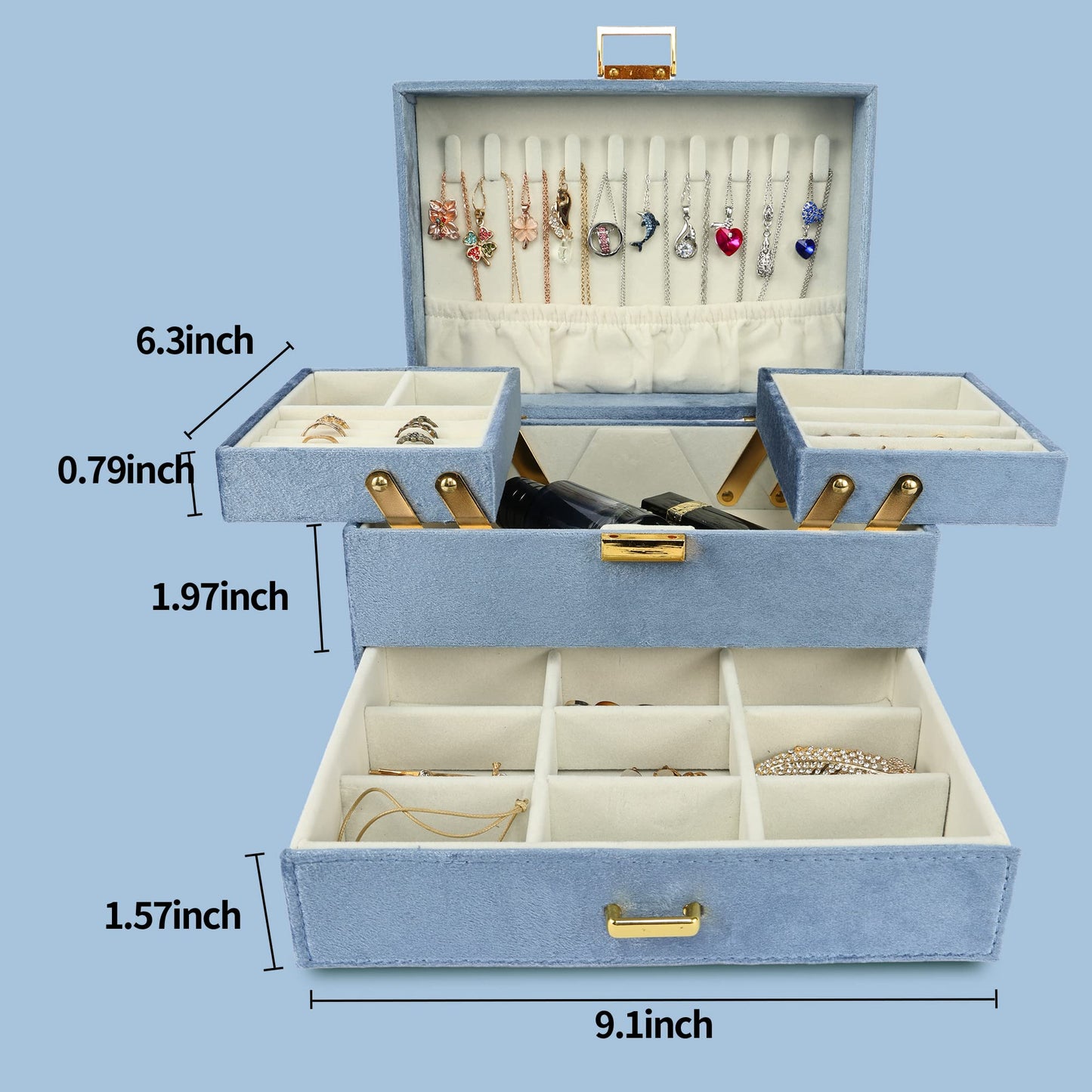 Dajasan Jewelry Organizer Box, Large Jewelry Boxes for Women Girls, Space-Saving 3 Layers Jewelry Storage Case with Drawer, Gift Idea for Christmas, Valentine's Day, Birthday, Mother's Day (Blue)