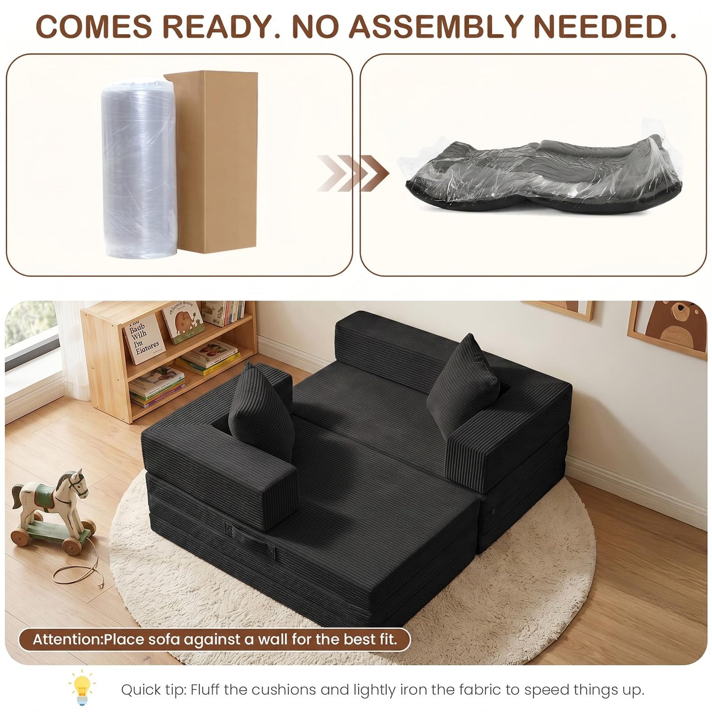 Ziydily Boneless Couches for Living Room, L Shaped Couch with Chaise, 4-in-1 Comfy Corduroy Fluffy Sofas, Mini Flexible Module Combination Compact Room Couch, No Assembly, Black