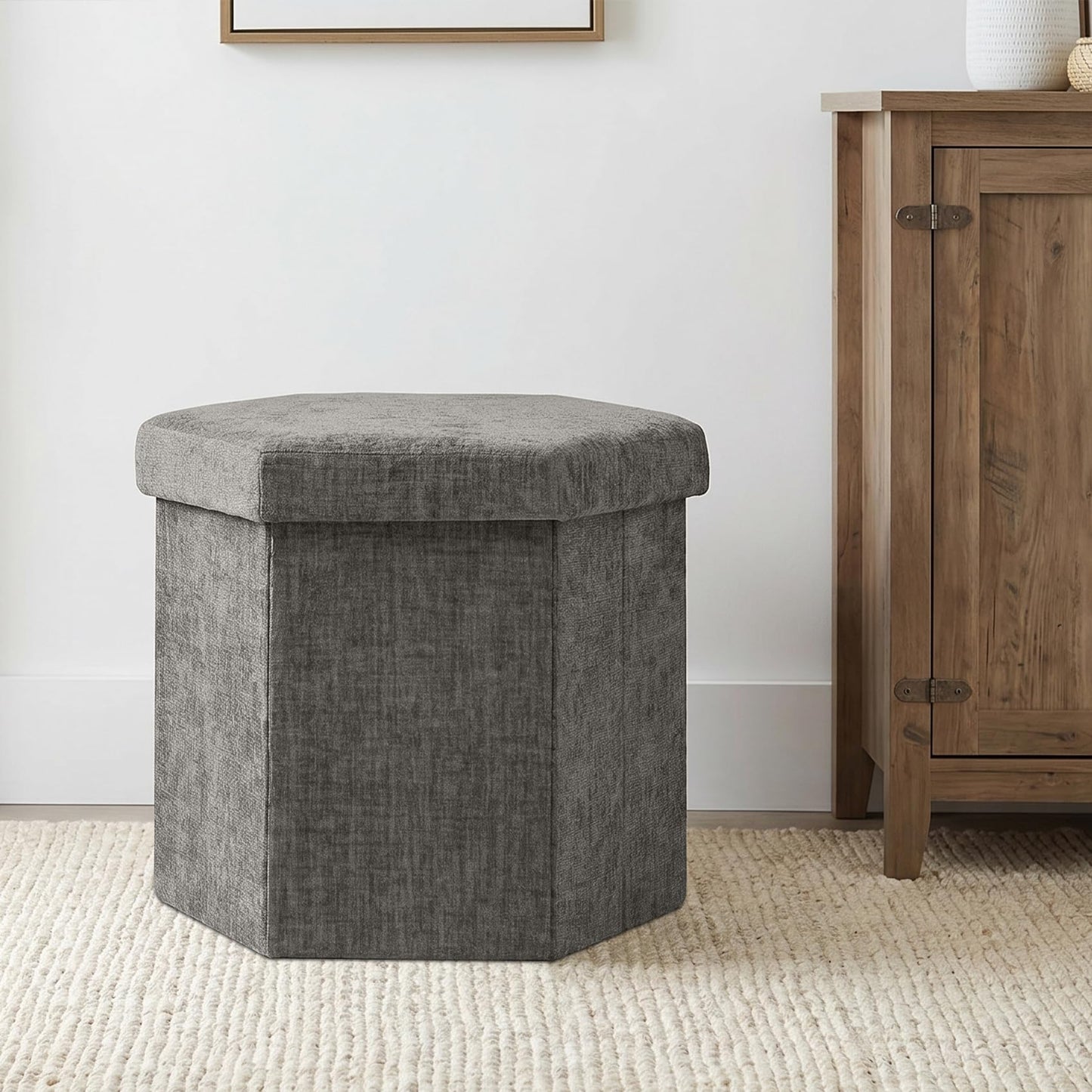 ZOLANOful Hexagon Storage Ottoman, Foldable Chenille FootRest with Hidden Storage, Small Ottoman Footstool for Living Room, Bedroom, Dorm, Entryway, 15 x 16.9 x 15 Inches, Grey