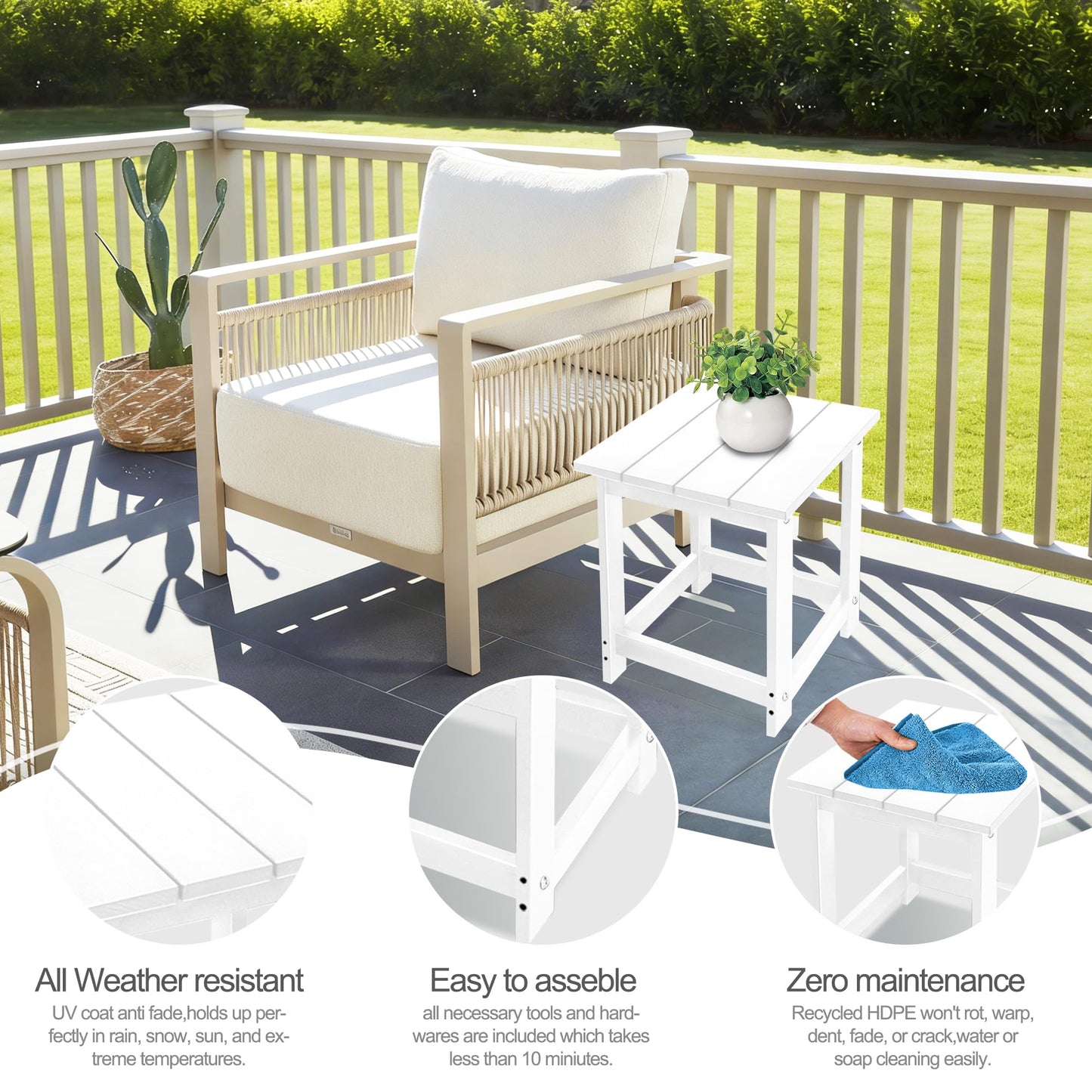 LZRS Square Patio Side Table, Heavy Duty HDPE Outdoor End Table with Wood Texture, Weatherproof Composite Table for Adirondack Chairs, Deck, Pool, Indoor/Outdoor, No Peeling or Cracking(White)
