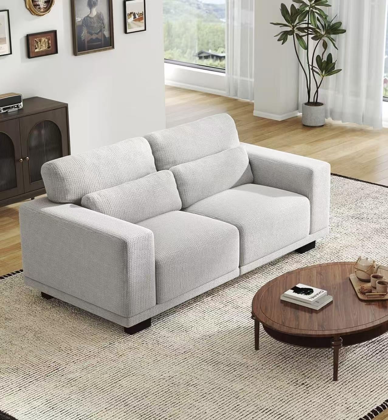 Modern Sofa with Removable Washable Linen Fabric Cover, Upholstered Couch with Deep Seats and Wide Armrests for Living Room