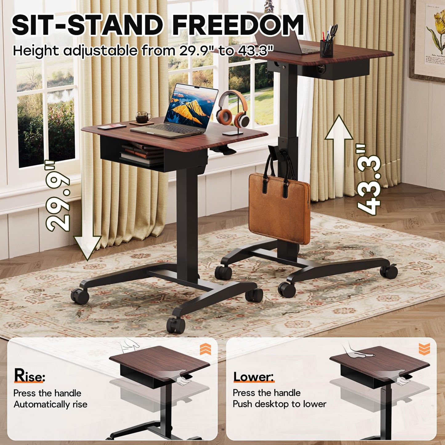 JOY worker Height Adjustable Rolling Laptop Desk with Shelf, Mobile Standing Desk, Pneumatic Mobile Laptop Table with Wheels for Couch Home Office School, Holds Up to 22lbs, Dark Walnut