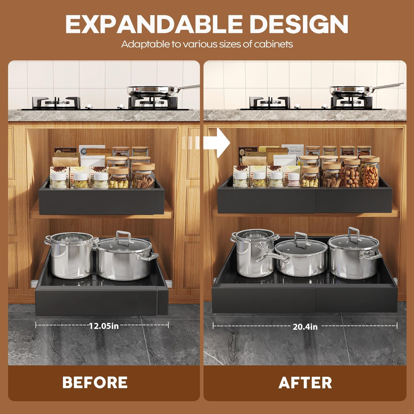 Seinloes 2Pack Expandable Pull Out Cabinet Organizer 21"Deep with Raising Pad for Framed Cabinets, Upgrade 3 Slide Rails Slide Out Drawers, Roll Out Shelves Adhesive,Adjustable Width 12.05"-20.4"Black
