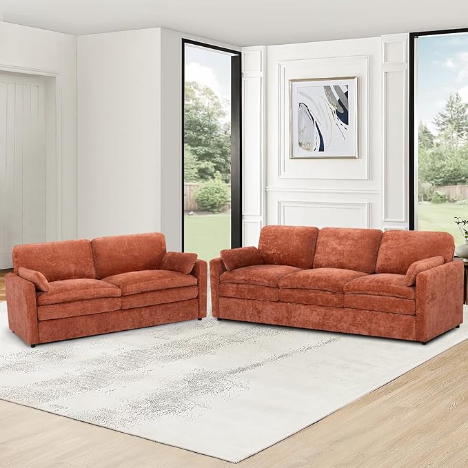 Classic Chenille Sofa Set with 2 Extra Armrest Pillows, Loveseat and 3-Seat