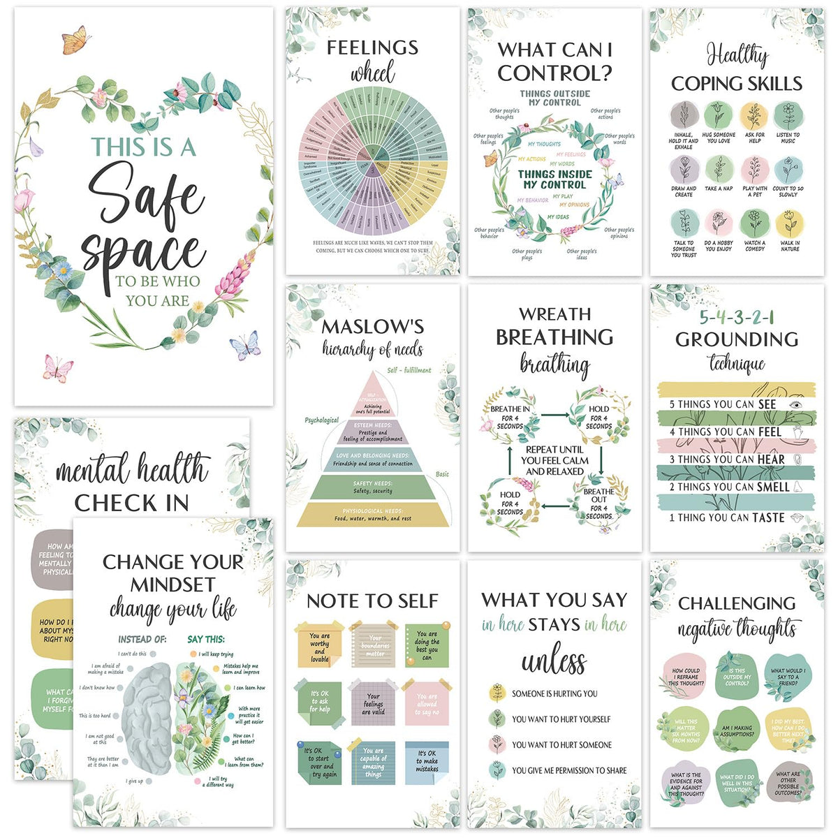 SEOIFUNG 12 Pcs Mental Health Growth Mindset Change Posters Set (11x17") - Safe Space Feelings Wheel Coping Skill Poster for Therapy Counseling Office School Home Wall Decor Counselor Therapist Gifts