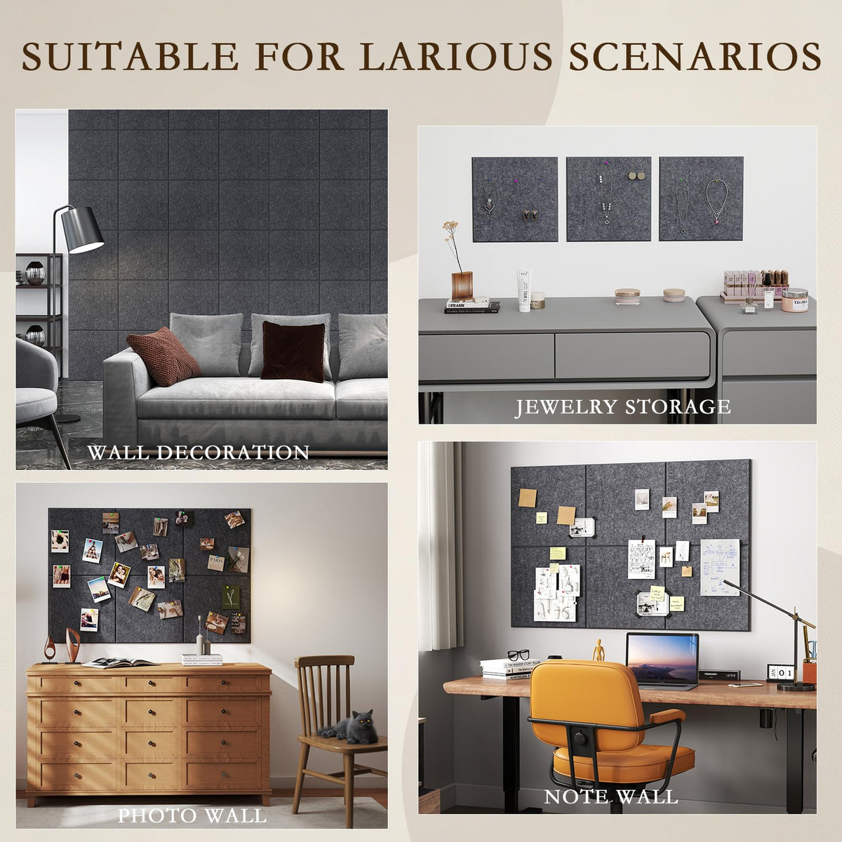 JBER Large Felt Bulletin Board 36" x 24" - 6 Pack Felt Wall Tiles, Cork Board Alternative to Use in Office & Home Decor, Classroom Decor, Vision Board to Display Your Photos(Dark Gray)