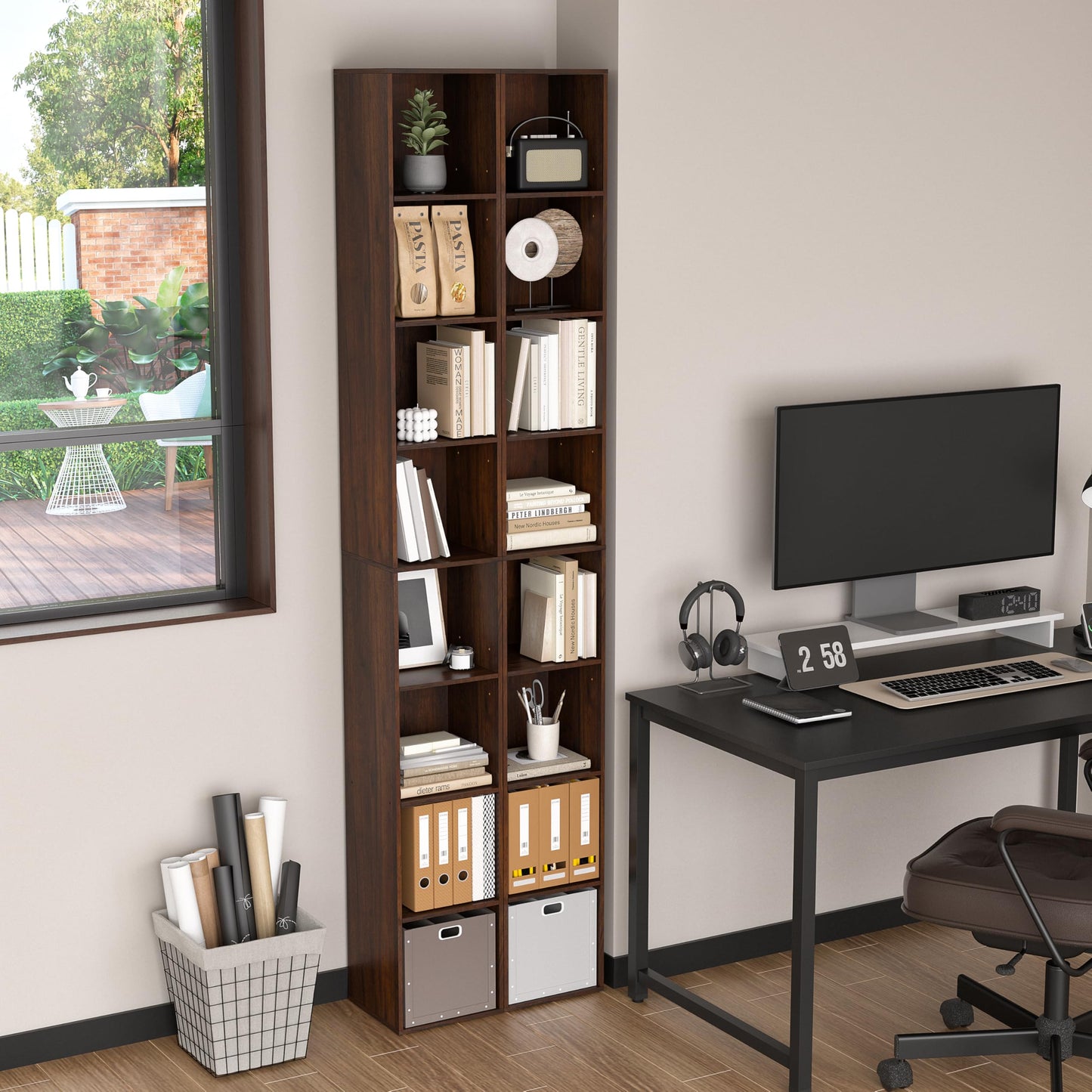 NewBeth 8-Cube Storage Organizer Bookcase, White, Tall Narrow Bookshelf for Home Office (Dark Brown)