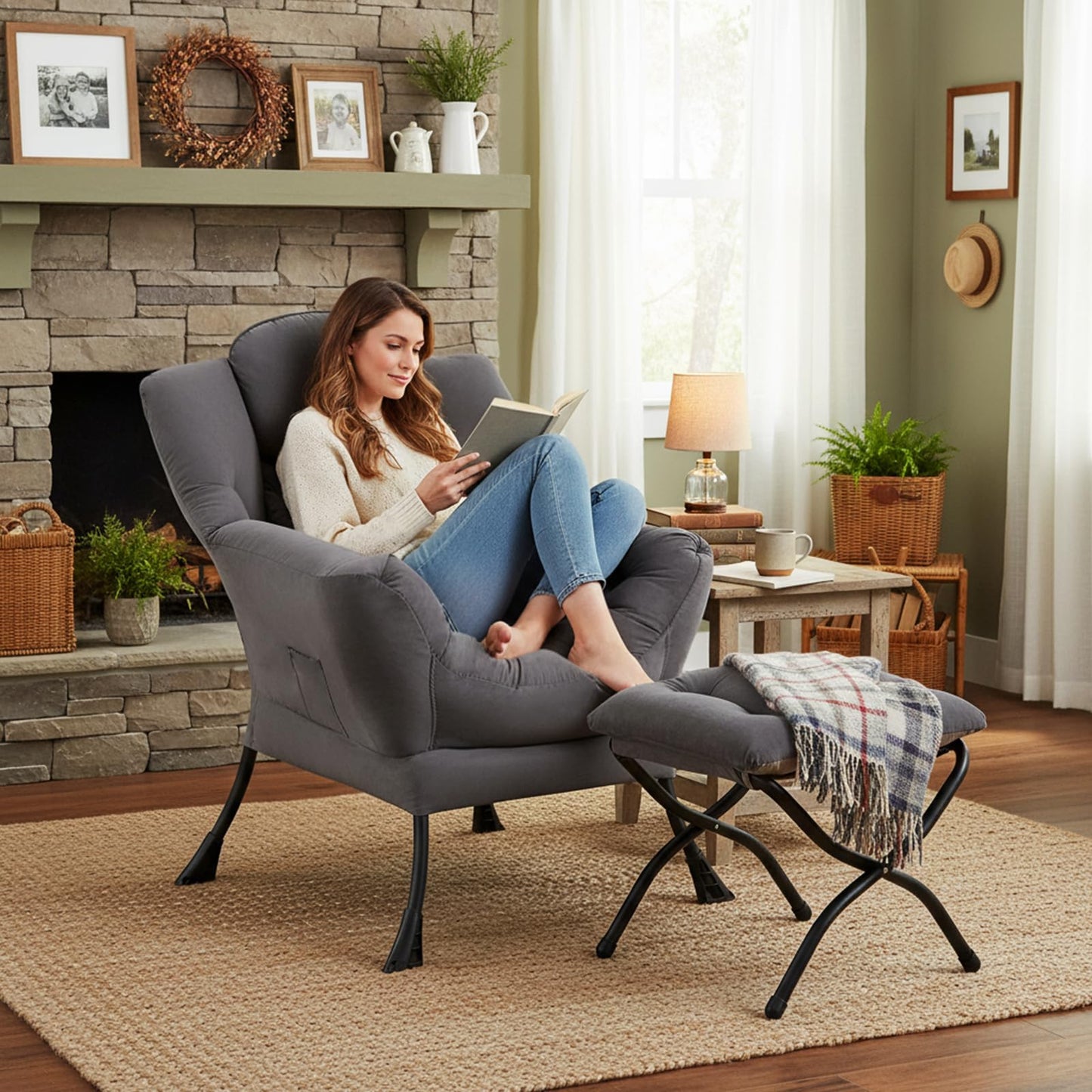 Furlide Lazy Chair with Ottoman, Comfy Fabric Accent Lounge Arm Chair with Lumbar Pillow and Folding Footrest, Reading Leisure Sofa Armchair for Bedroom, Living Room, Dorm,Dark Grey
