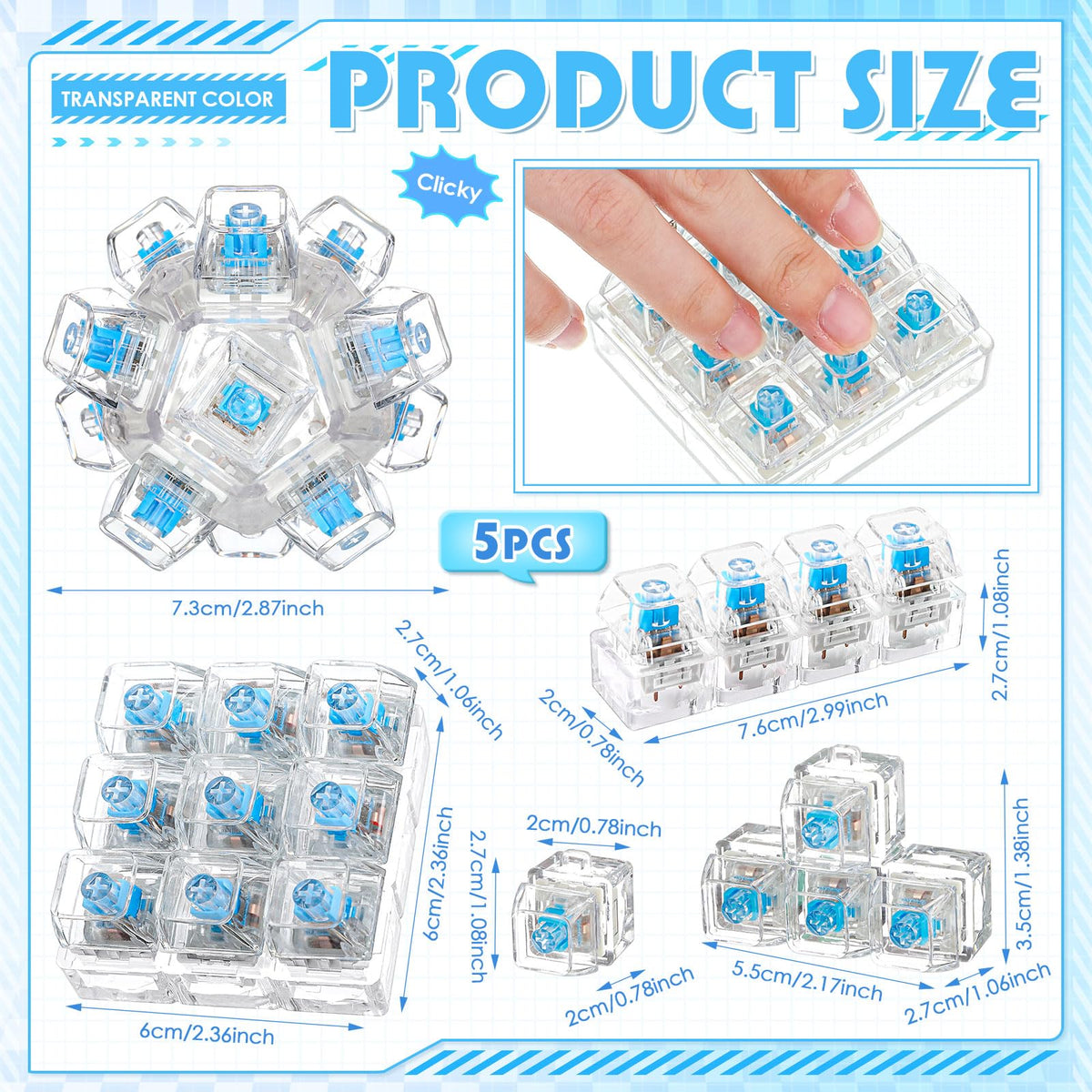 Halloscume 5 Pcs Keyboard Adult Fidget Clicker in 5 Styles Keyboard Fidget Keychain Cube Mechanical Key Button Clicker Stress Relief Gift for Office Home Pass Time(White Transparent)