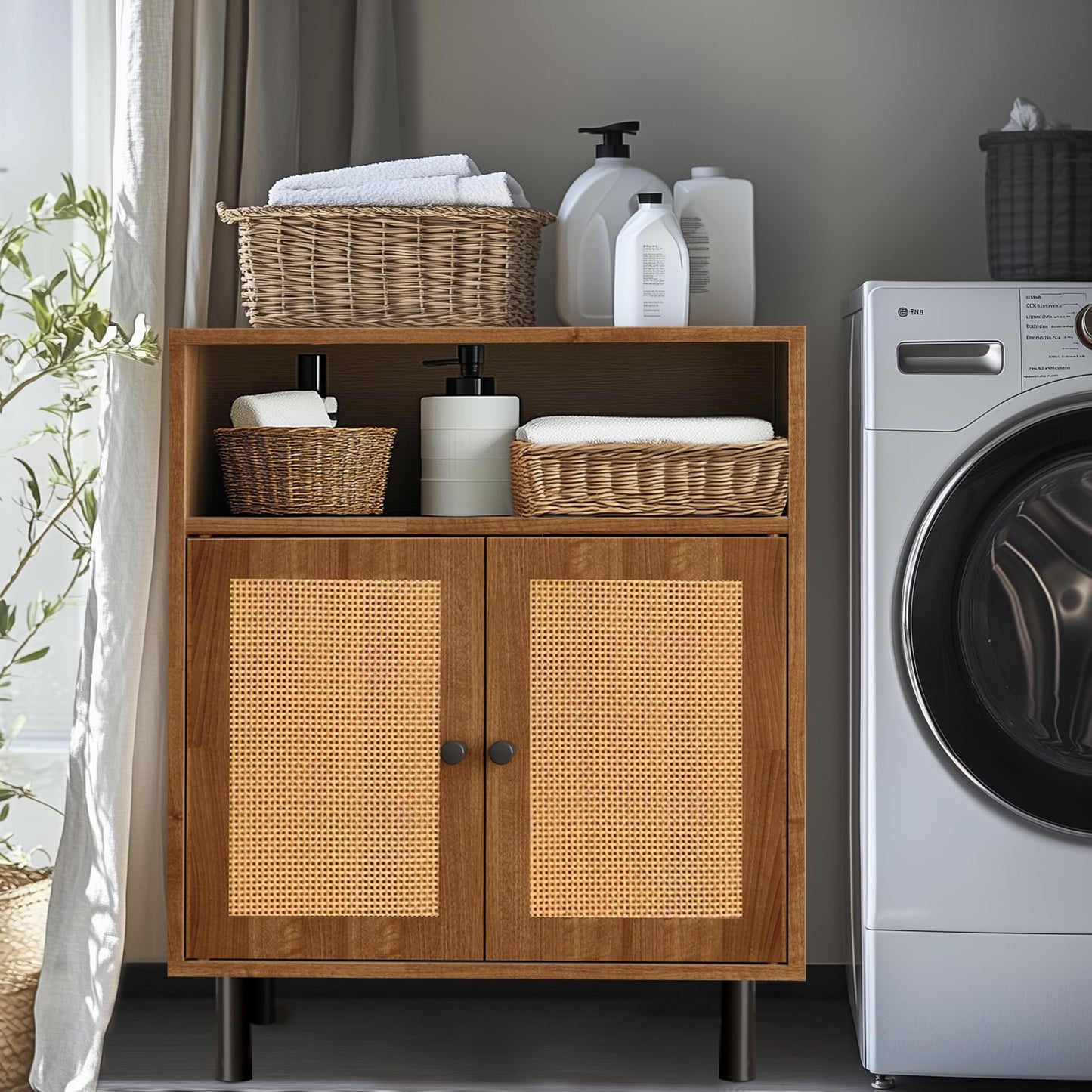 DongRong Rattan Storage Cabinet, Boho Accent Cabinet with Double Doors, Small Freestanding Sideboard for Hallway, Laundry Room,Kitchen, Dining Room, Entryway (Walnut)