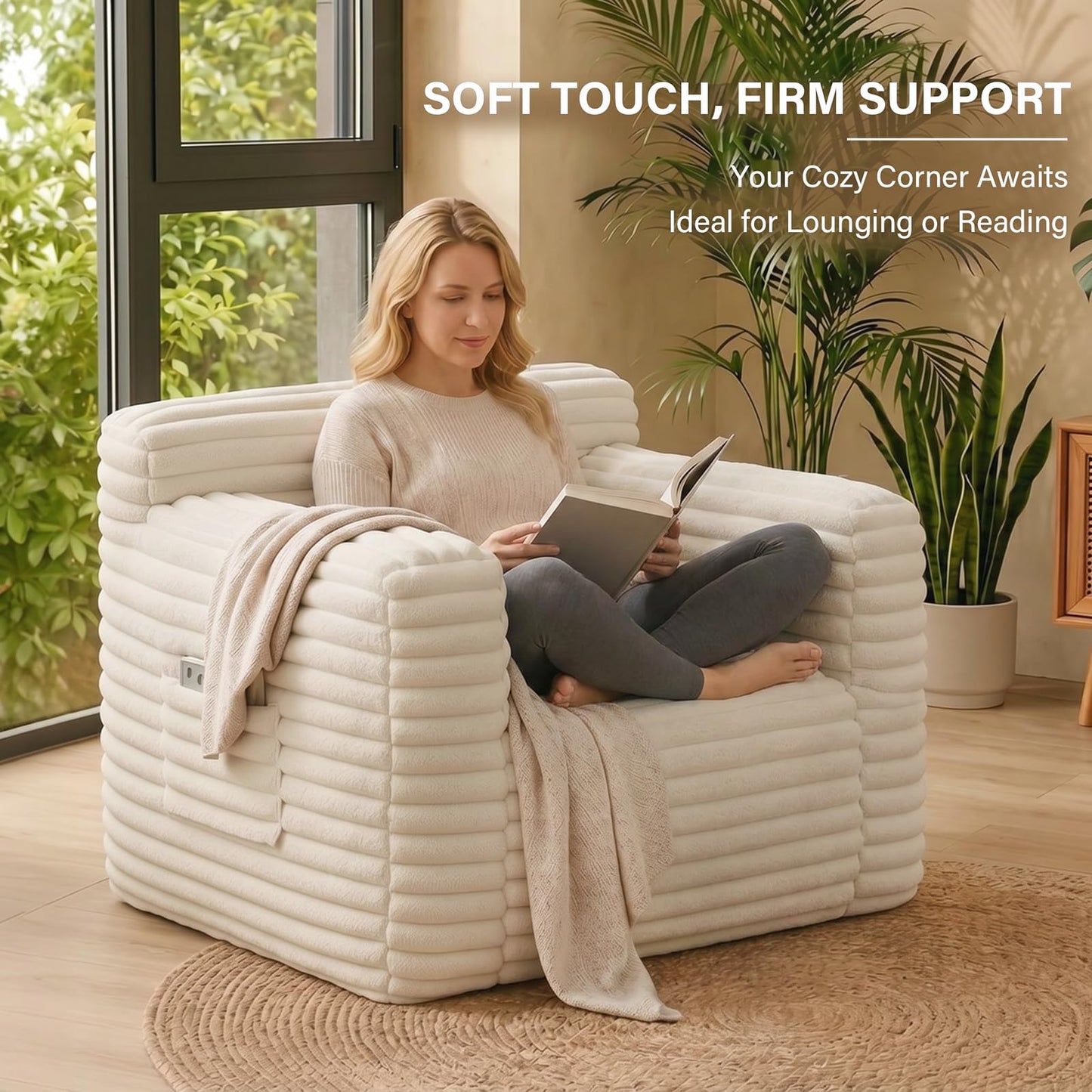 Tiita Bean Bag Chair for Adults, Foam Lounge Chair with Back Support and Armrests, Soft Corduroy Cover, Removable Washable Sofa Chair for Reading, Gaming, Living Room & Bedroom, Beige