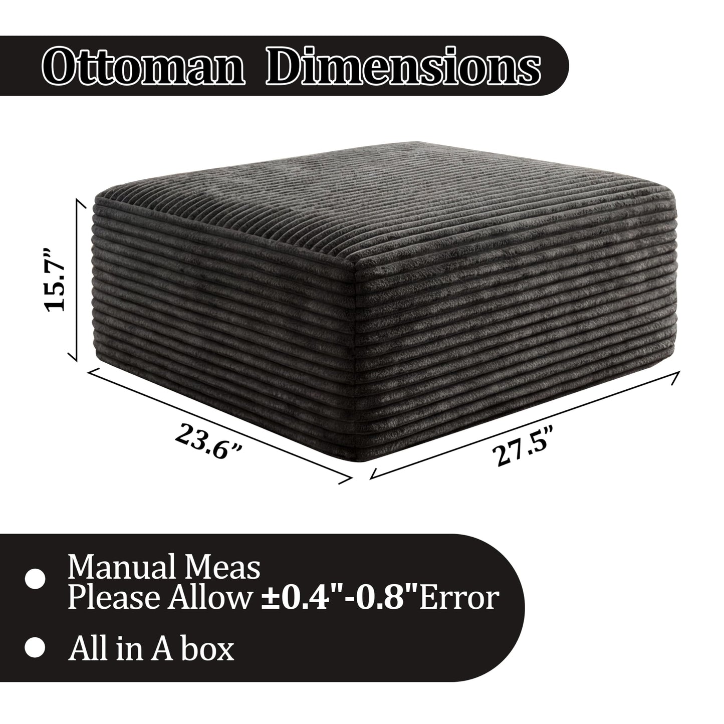 Corduroy Ottoman, Modern Boneless Cloud Foot Rest Foam Support, Oversized Modular Sectional Sofa Stool for Living Room, Bedroom & Small Spaces, No Assembly Required (Drak Gray, Ottoman)