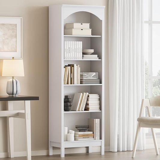 Arched Bookshelf with 5 Tier Open Shelves, Study and Living Room, Modern White