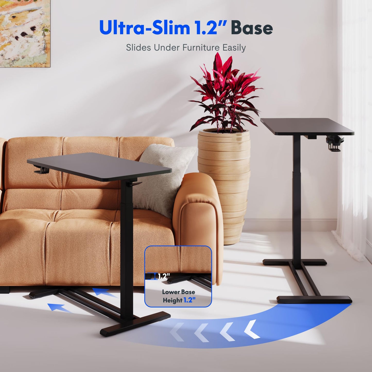 FLEXISPOT H7 Adjustable Overbed Bedside Table with Wheels Pneumatic Mobile Standing Desk Laptop Desk Rolling Computer Cart Movable Overbed Tables Hospital Home Use(27.6" W x 15.7" D, Black Table)