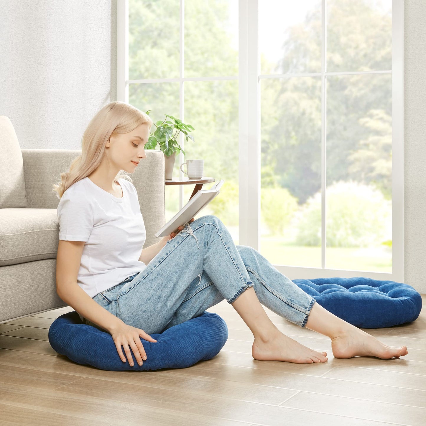 Degrees of Comfort Floor Cushion 6 Pack for Meditation, Home Office & Dorm – Corduroy Soft Seating Set, 22 Inch, High-Density Foam, Round Shape, Navy