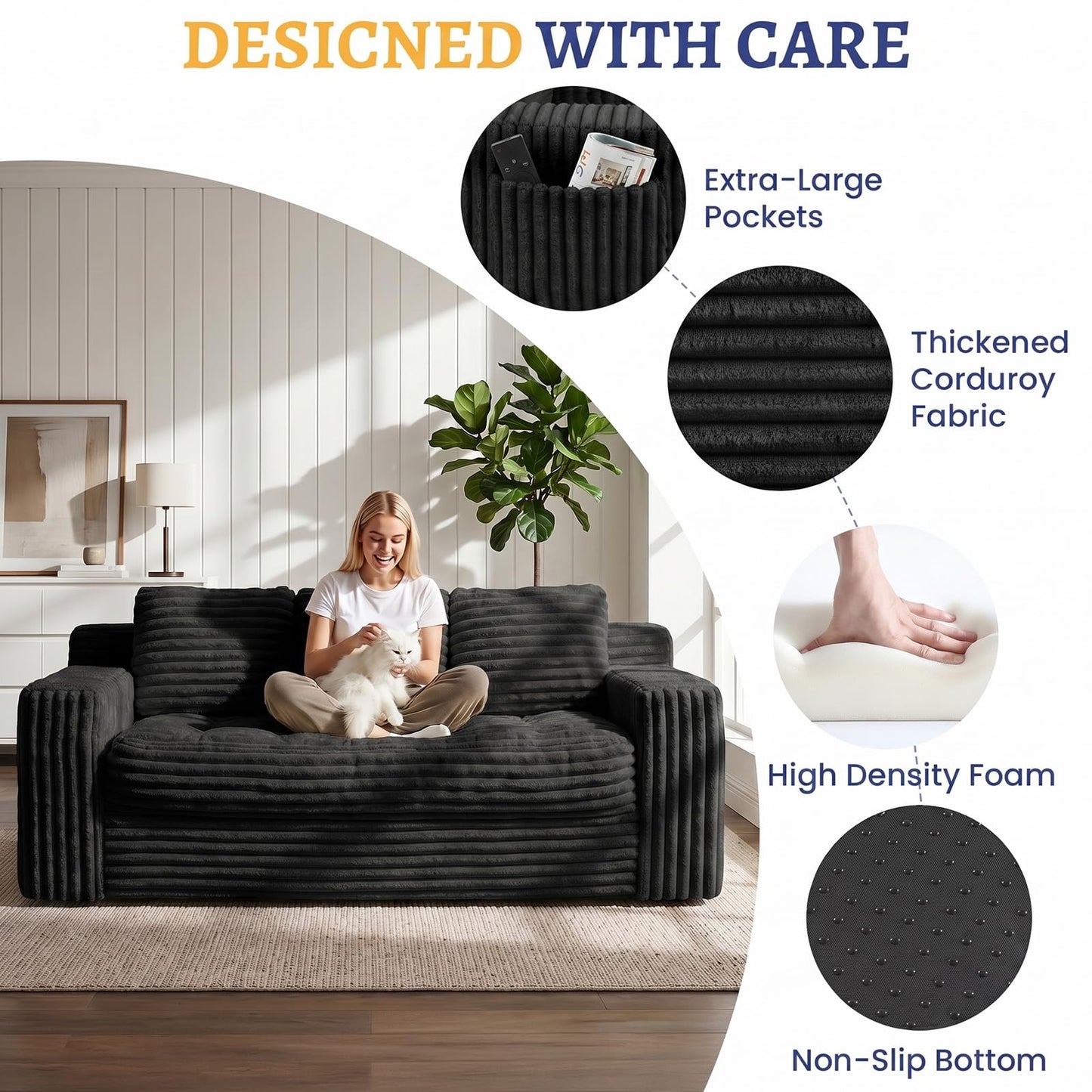 NLDD Boneless Couch, Cloud Loveseat Sofa Corduroy Couch in a Box, Upholstered Boneless 3 Seater Couch for Living Room Bedroom Office Apartment, No Assembly Required, Black