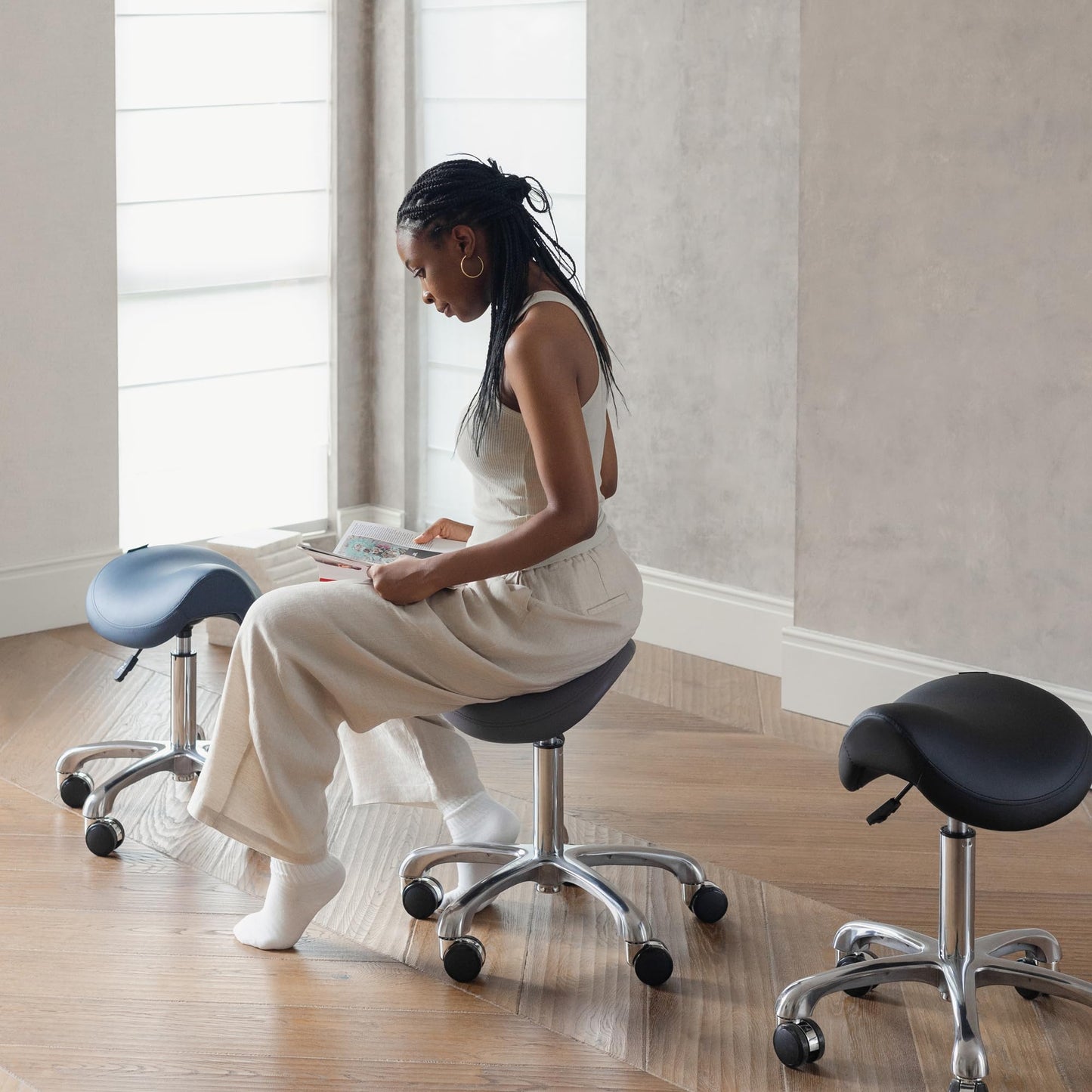 DR.LOMILOMI Ergonomic Saddle Stool, Adjustable Pneumatic Swivel Rolling Saddle Seat with Wheels for Hygienic, SPA, Salon, Home and Office, Haku 506 Series, Black