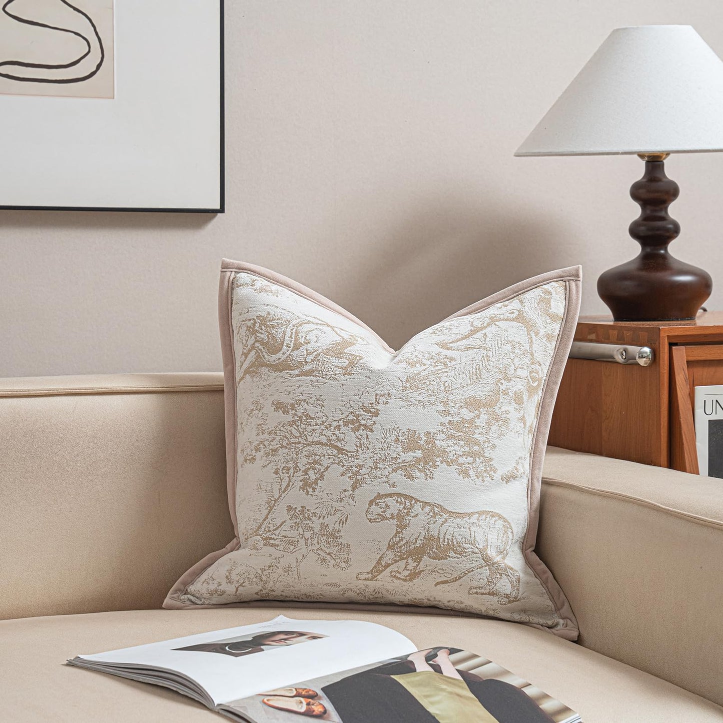 Croker Horse New 20x20'' inches Throw Pillow Cushion Covers - Jungle Pattern with Edge Strip Chenille Jacquard Embroidery Luxury Modern Style Couch Sofa Bed Pillow Cover for Living Room Bedroom