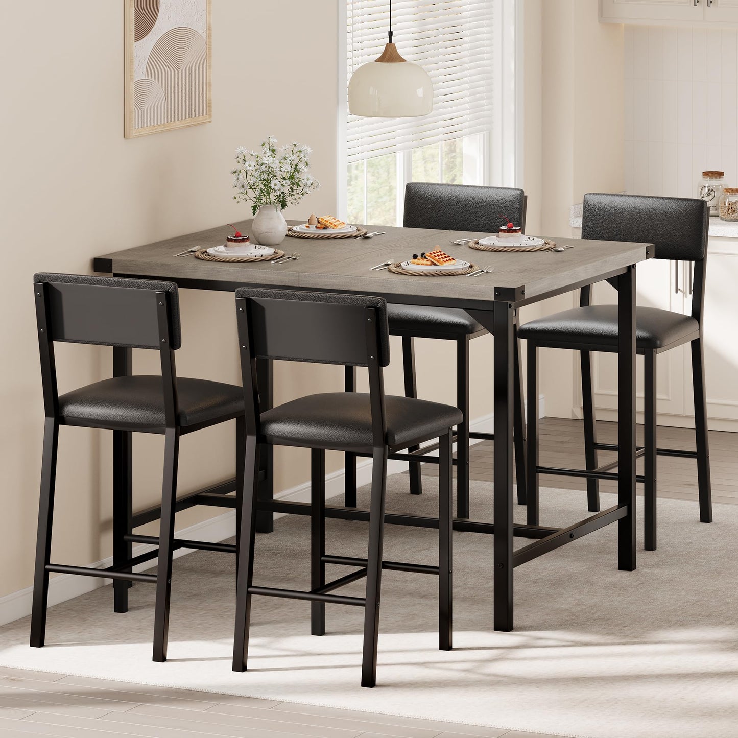 GarveeHome Dining Table Set for 4 with Corner Protector, Kitchen Table Set w/Footrest & Backrest, Counter Height Table with 4 Upholstered Bar Chairs, for Small Space, Retro Gray