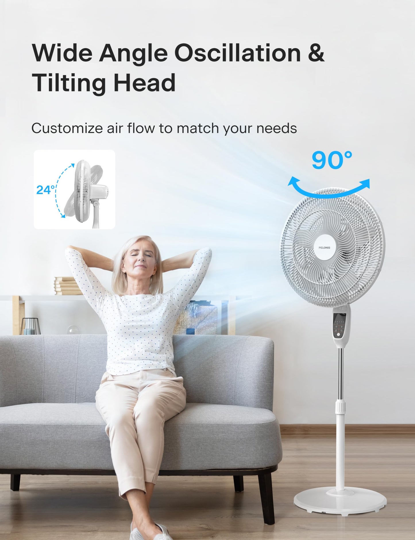 PELONIS PSFS18D1AW 18 inch 5-Blade Oscillating, Adjustable Standing Pedestal Remote, LED Display, 5 Speed Setting and 7-Hour Timer Fan, White