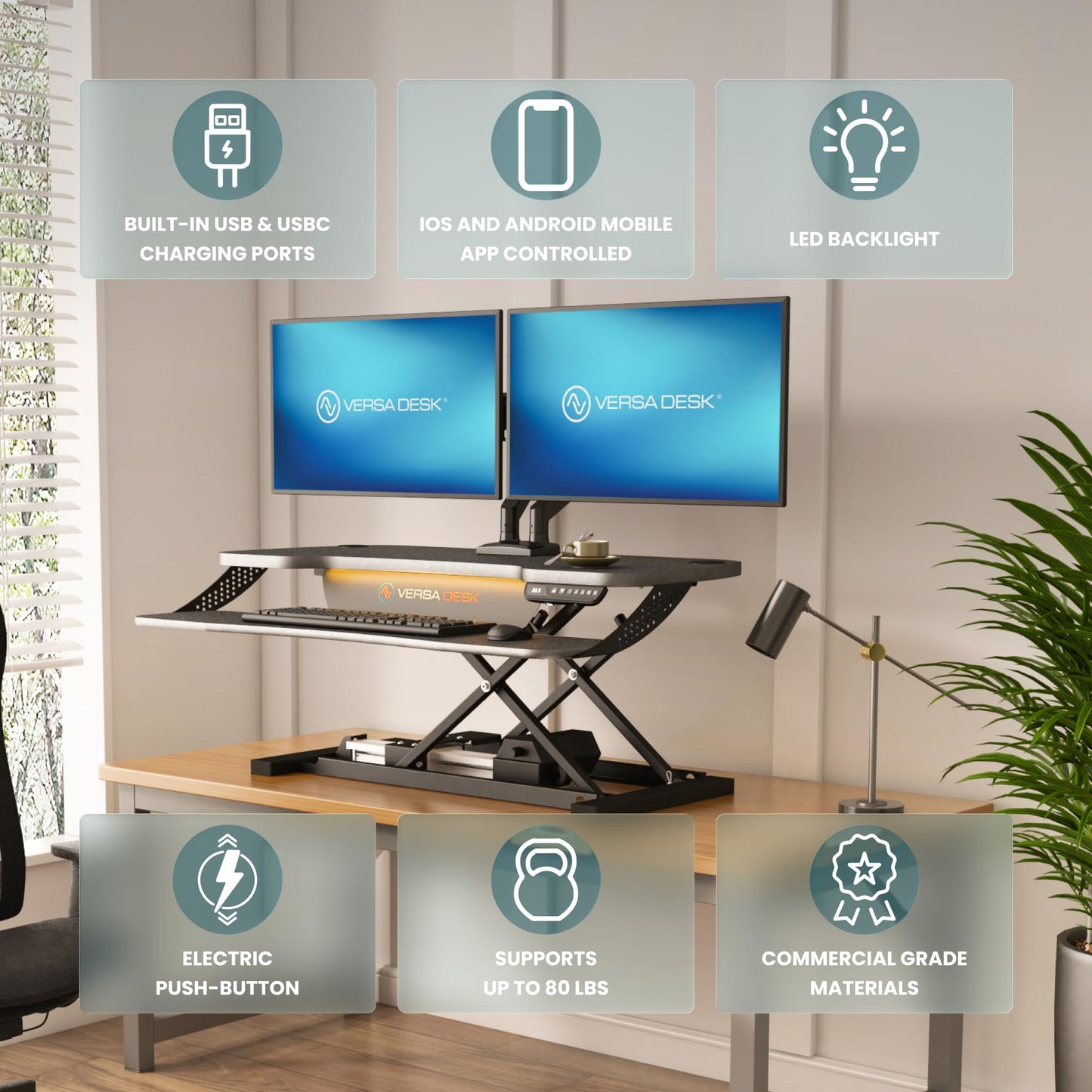 VERSADESK PowerPro Elite 36” - Electric Adjustable Desk Converter with Programmable Controller and USB Hub. Mobile App Controllable. Removable Keyboard Tray - Powerful Riser Lifts 80 lbs – Black