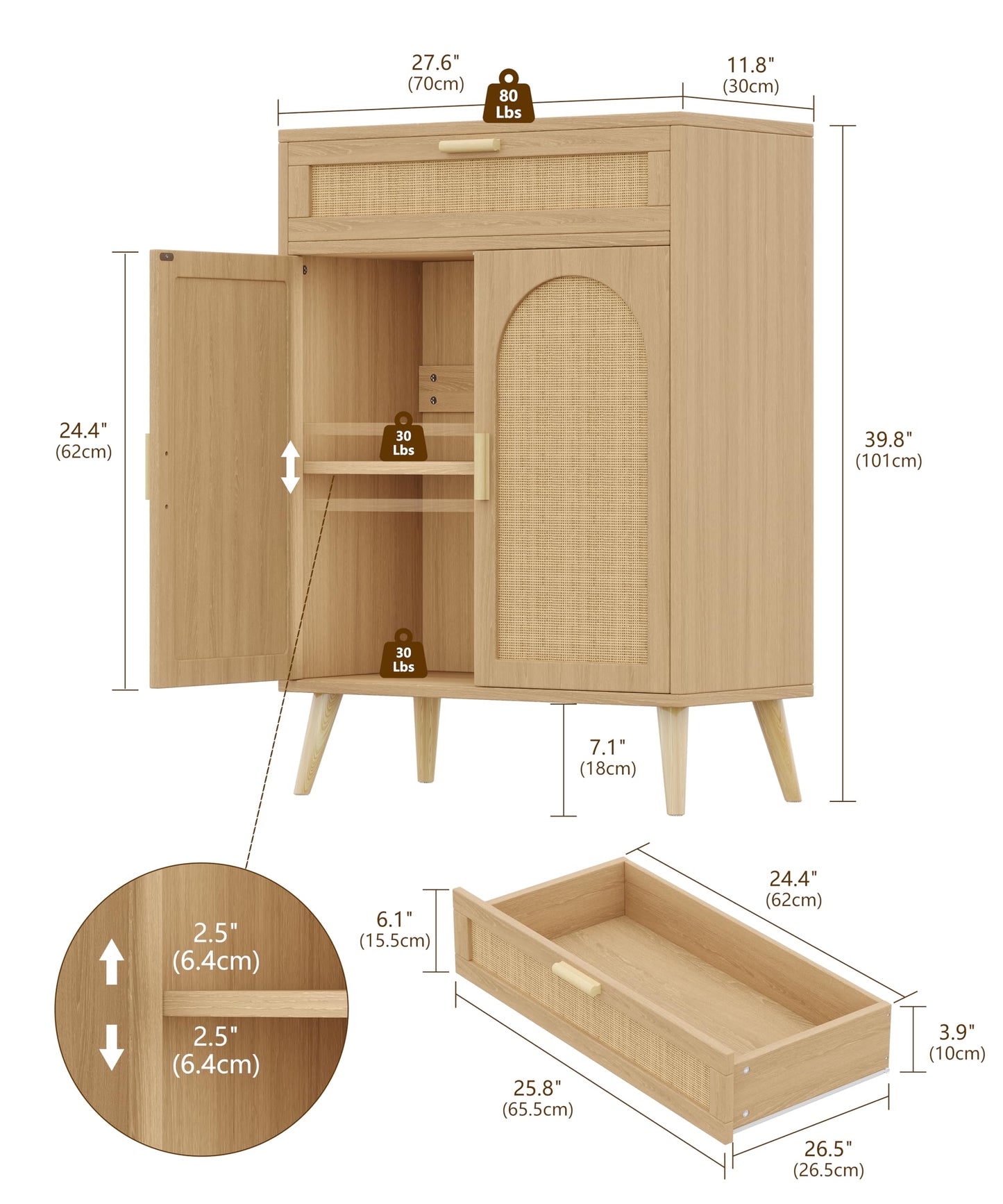 Rattan Sideboard Buffet Cabinet with Storage, Boho Sideboard with Drawer & Adjustable Shelf, Kitchen Floor Cabinet with 2 Doors & Solid Wood Feet, Coffee Bar for Entryway, Living Room, Natural Oak
