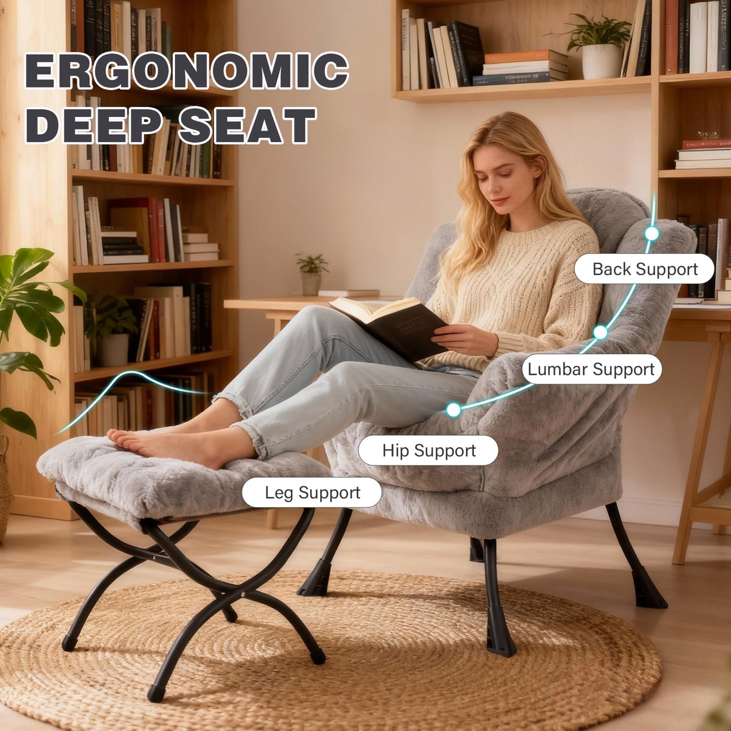 SESHINELL Lazy Chair with Ottoman, Modern Accent Lounge Leisure Sofa with Armrests, Reading Chair and Folding Footstool for Living Room, Bedroom, Office, Plush Grey