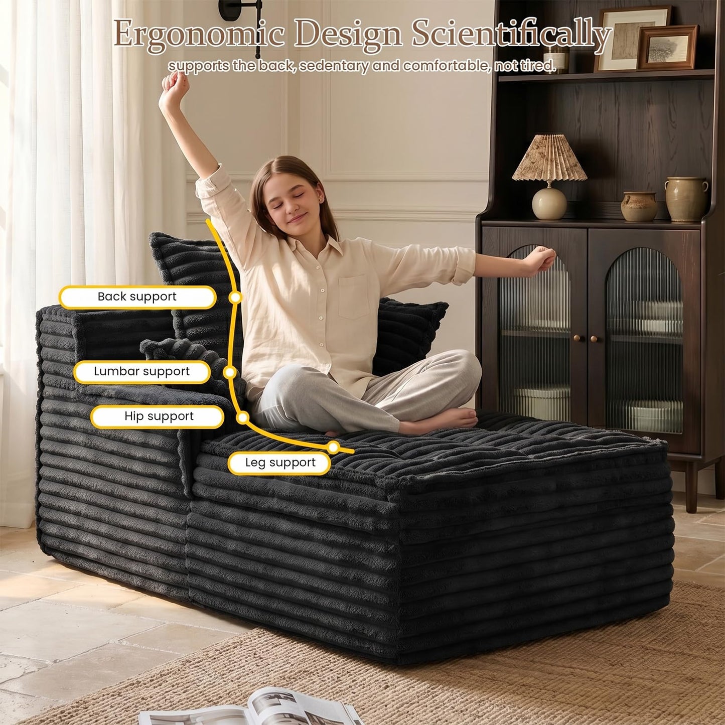 feliz home Boneless Chaise Lounge Couch Indoor, Small Corduroy Upholstered Sleeper Sofa Bed Reading Chairs with 3 Pillows, Fluffy Comfy Cloud Sofas Couches, Compression Boneless Sofa for Small Corner