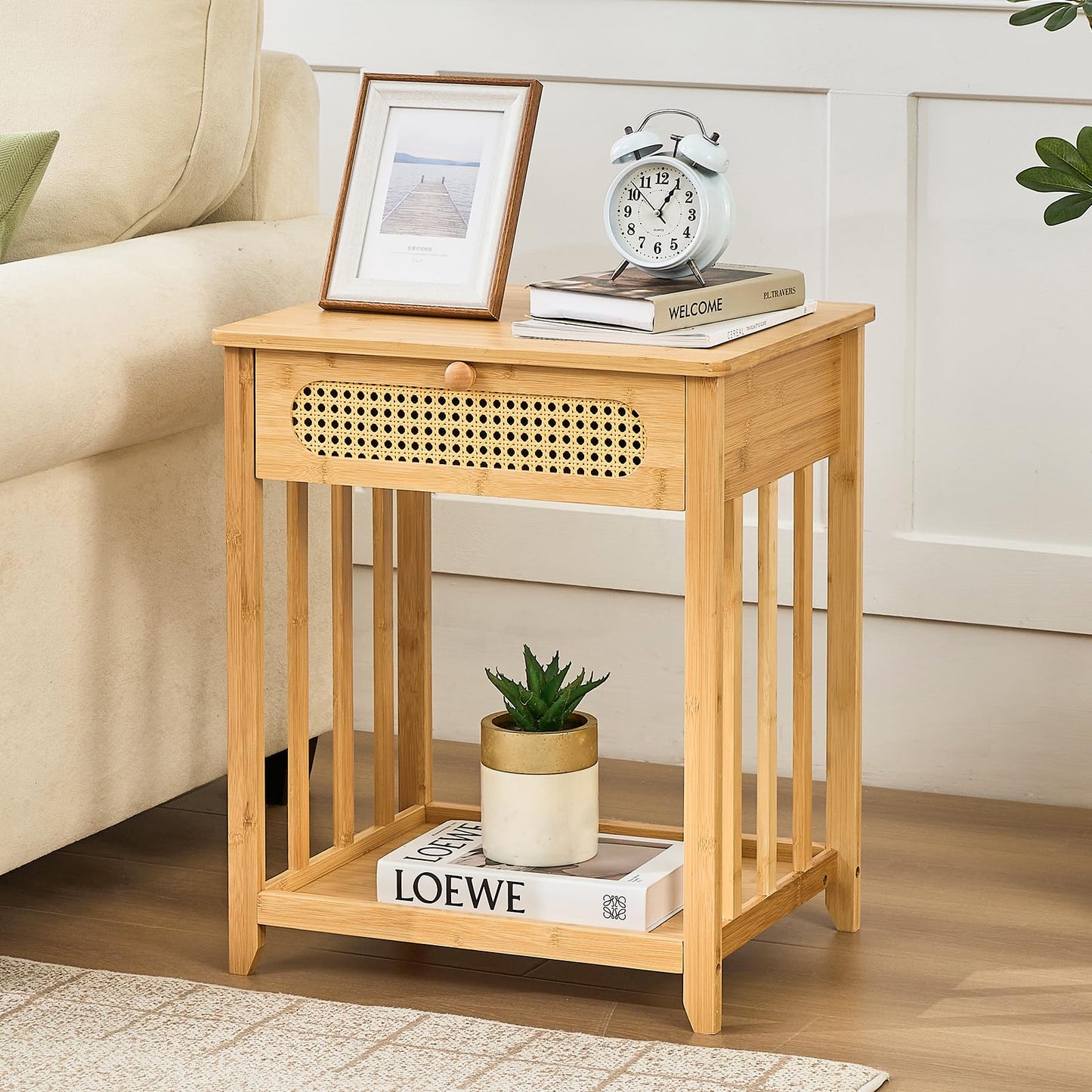 oakvivo Nightstand Set of 2, Rattan Night Stand Bedside Table with Drawer, 19.7" W Bamboo End Tables with Open Storage Shelf, Boho Sofa Bed Side Table for Bedroom, Living Room, Sofa, Couch, Natural