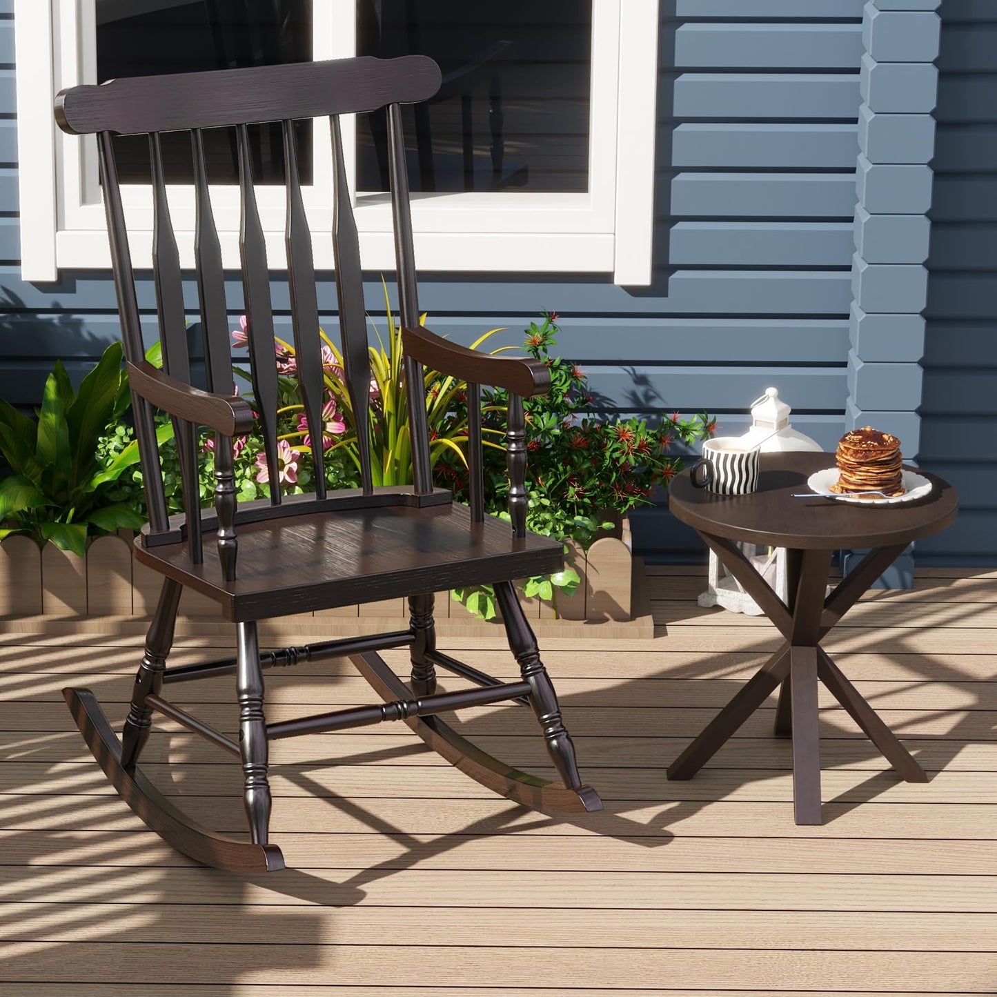 Giantex Outdoor Wood Rocking Chair - Patio Rocking Chair with Solid Rubber Wood Frame, Slat Back, Outside & Indoor Rocker for Garden, Poolside, Balcony, Backyard, Lawn, Front Porch Rocker, Dark Coffee