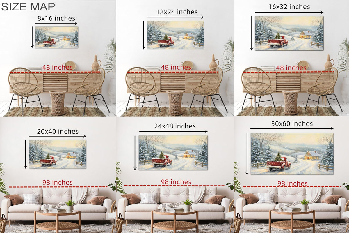 GUTTATY Christmas Canvas Wall Art, Santa Red Truck Winter Snow Scene Canvas Painting, Christmas Wall Decor Artwork, Christmas Hanging Prints Poster for Living Room, Family Home, Indoor, 32x16 Inch