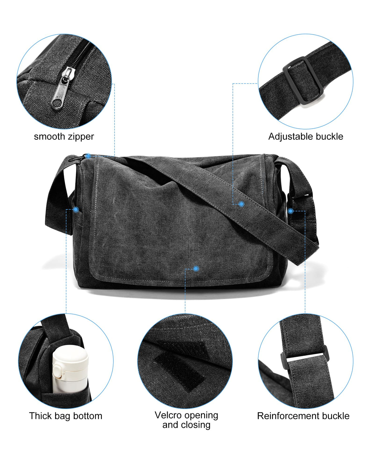 VENATIN Vintage Canvas Messenger Bag for Men & Women, Large Crossbody Shoulder Bag Leisure Shoulder Sling Bags Handbag for Travel, Business Bookbag Fits 15.6 inch Laptop, Black