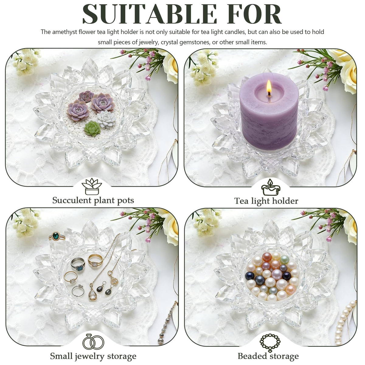Kolnlala Large Crystal Lotus Tealight Candle Holder for Up to 6" Diameter Pillar Candlestick, Chunky Glass Votive Stand for Wedding, Party, Table Centerpiece Decor and Yoga Meditation (1, Clear)