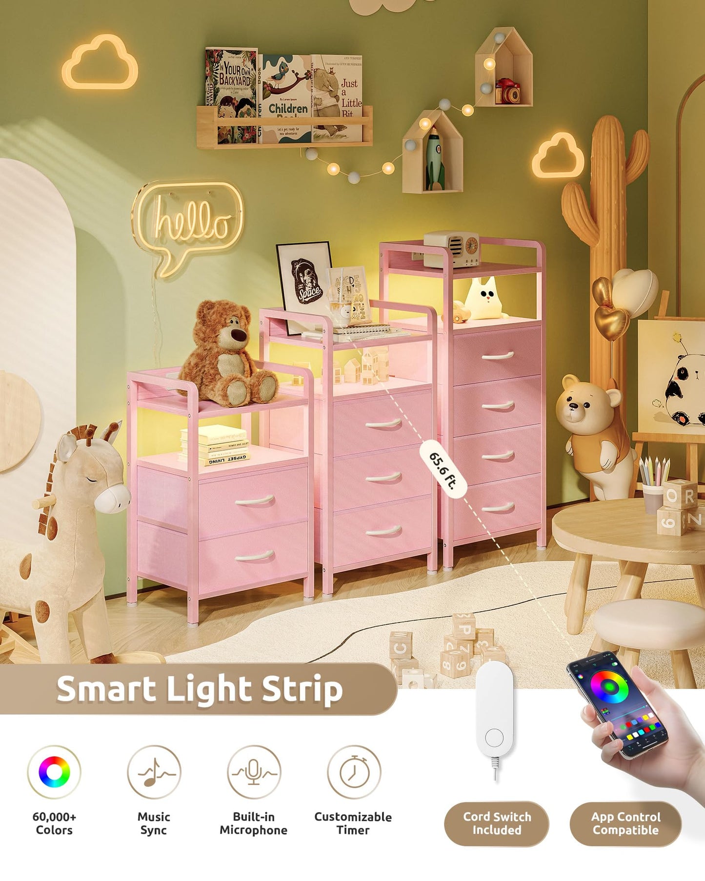 Lazzanto Night Stand Bedside Charger Bedroom - Nightstand with Charging Station & LED Light Strip, Night Stand with Storage Shelf & 3 Fabric Drawers, Morden End Table with USB Ports&AC Outlets,Pink