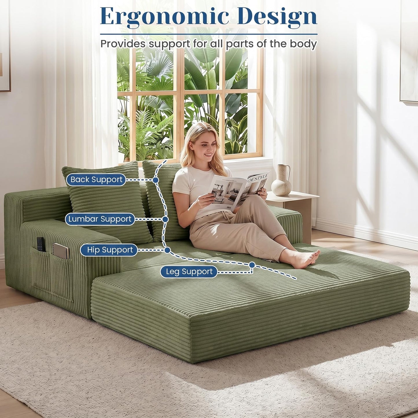 Convertible Sofa Bed,Small Boneless Couch & Boneless Loveseat,Pull Out Couch Bed for Small Spaces,Premium Luxe Corduroy Folding Floor Futon Sleeper with Side Pocket & 2 Pillows,No Assembly Required