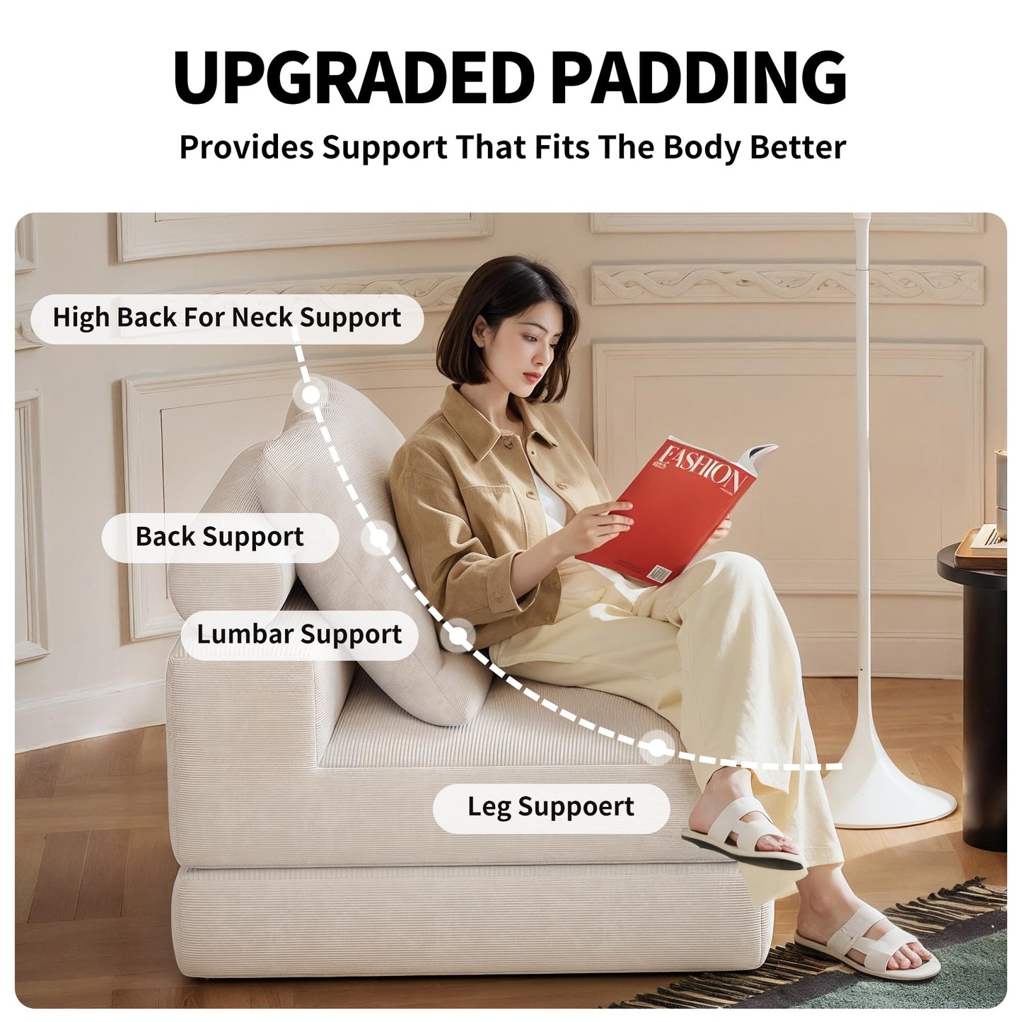 Lumbershed Folding Sofa Bed, 3-in-1 Convertible Sleeper Chair Bed with Pillows, Foldable Floor Couch with High-Density Foam, Futon Small Boneless Couch for Living Room Bedroom Lounge, Single, White