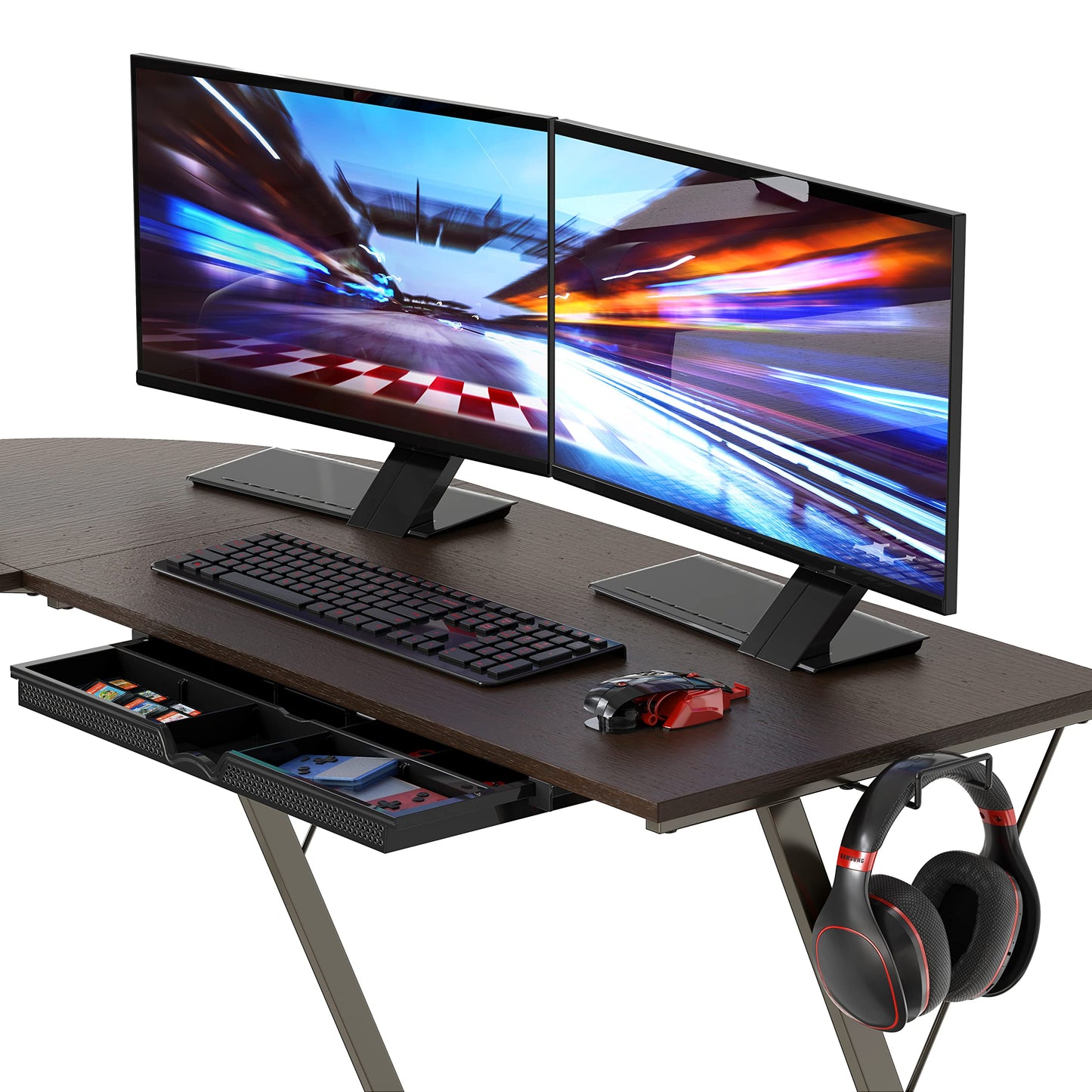 SHW 51 x 51 Inches Vista L-Shaped Desk with Monitor Stand and Drawer, Espresso
