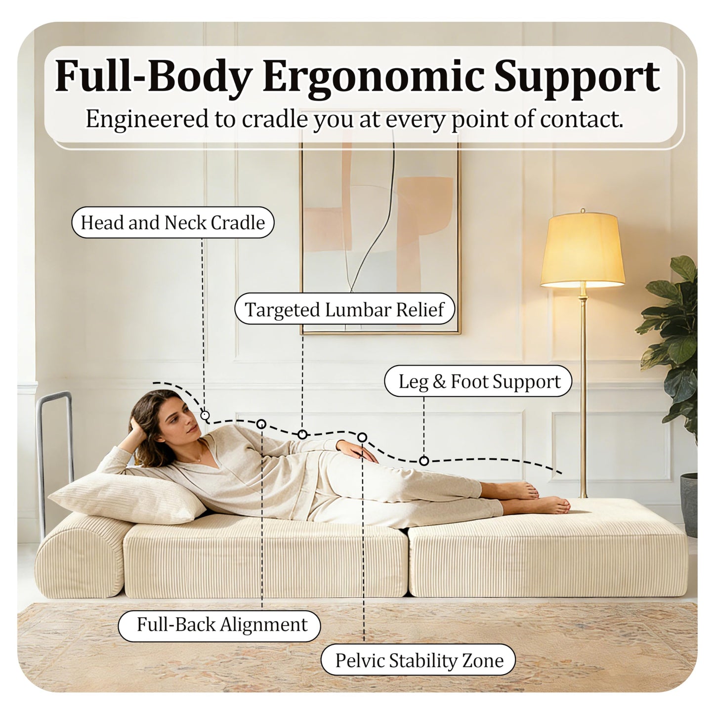 31.5'' Convertible Compressed Corduroy Folding Cloud Sofa Bed, Modern Boneless Pull Out Sleeper Sofa Couch in a Box, 3 in 1 Portable Lazy Floor Lounge Chair, No Assembly Needed, Beige, Pillow, Single